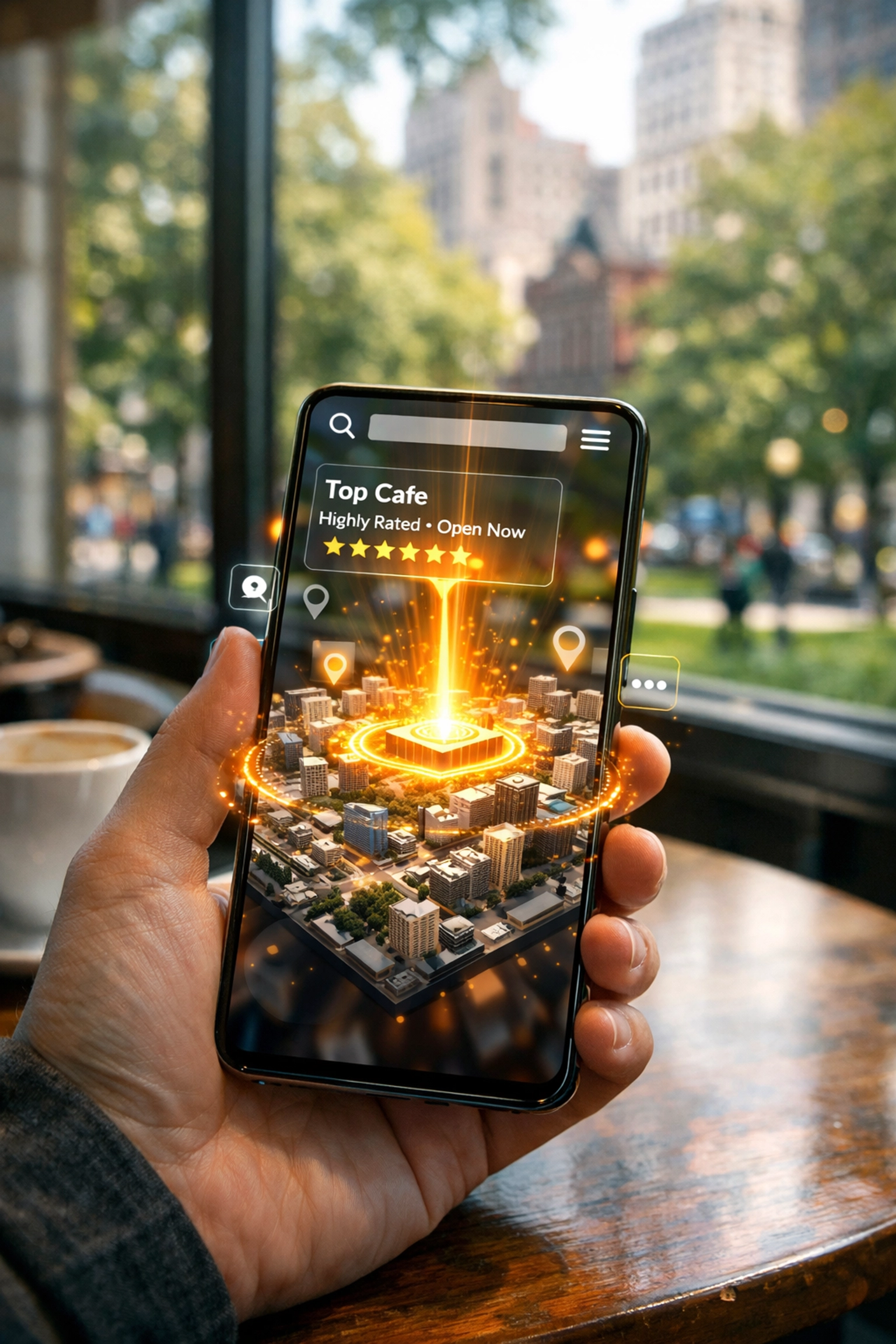 Smartphone in Rittenhouse Square displaying a Philadelphia business as a top search result.