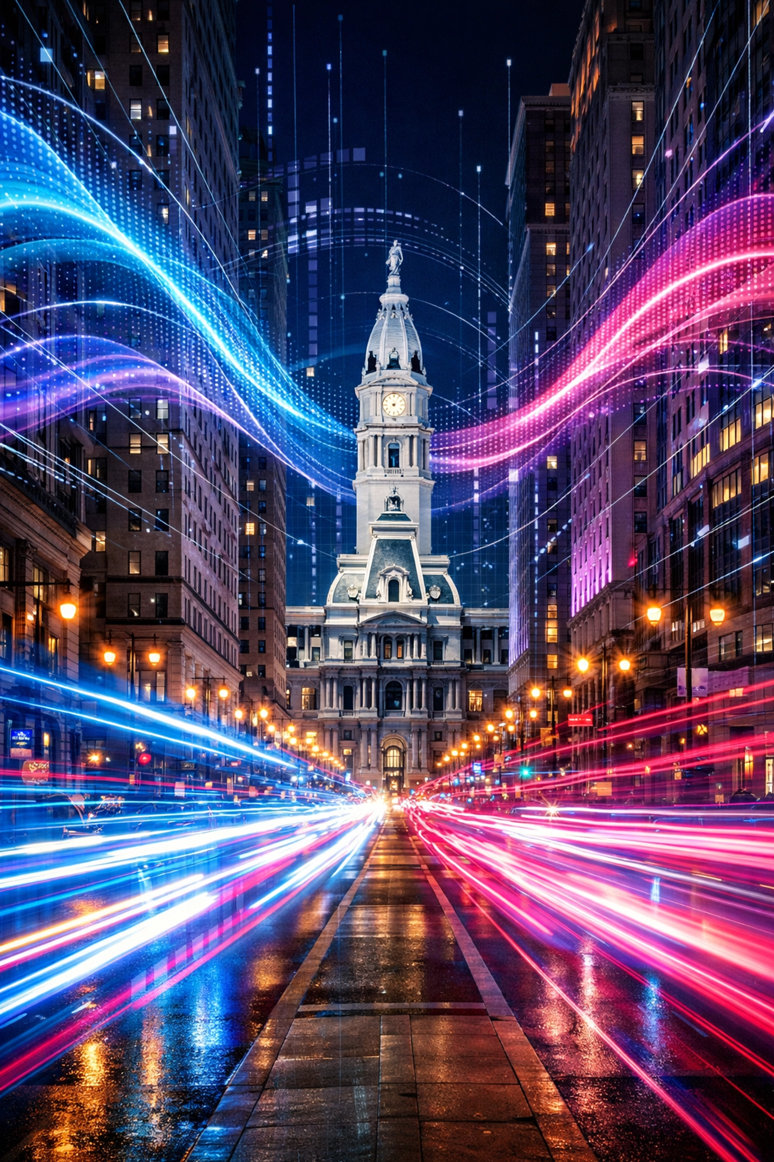 Dynamic data waves over City Hall representing real-time Philadelphia local SEO algorithm shifts.