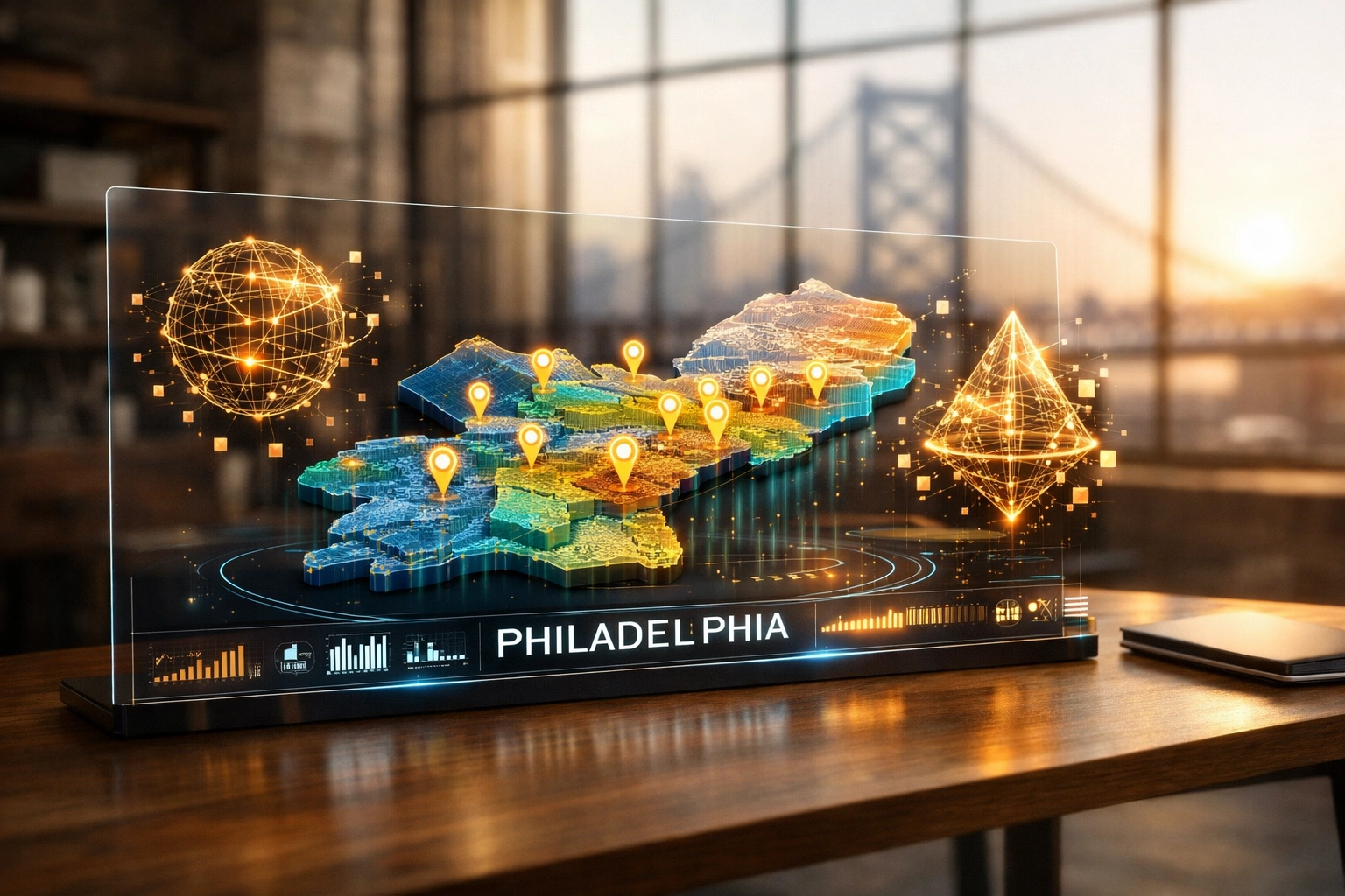 Digital holographic map of Philadelphia neighborhoods used for local SEO automation and business visibility.