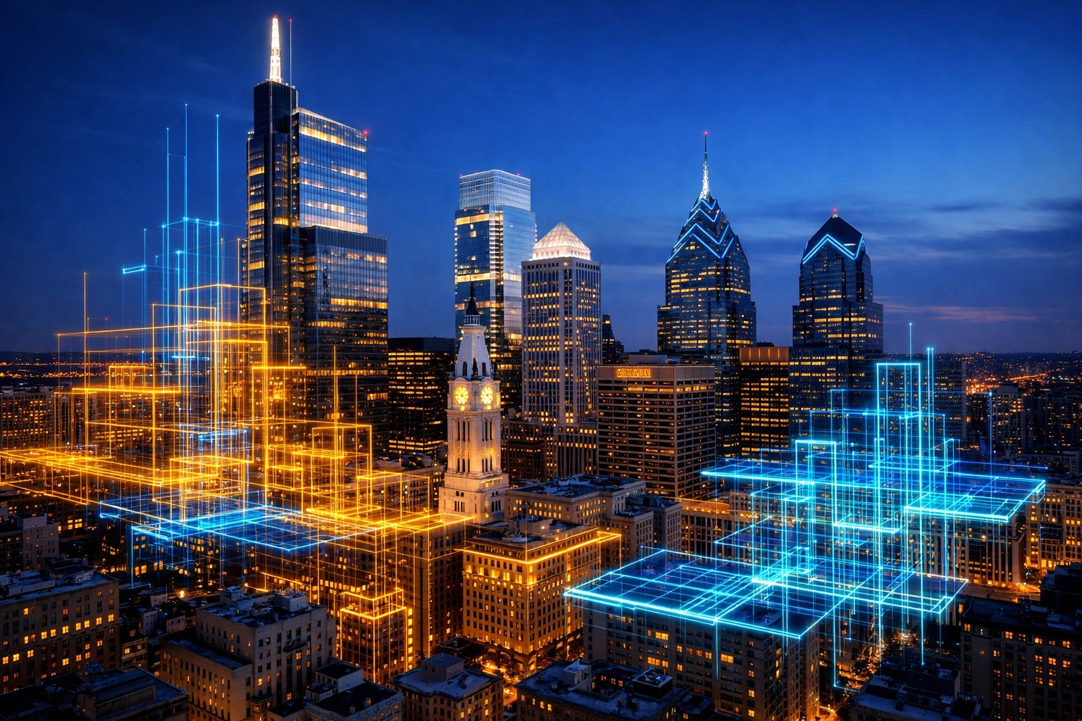 Philadelphia skyline with digital grid representing scalable website architecture for growth.