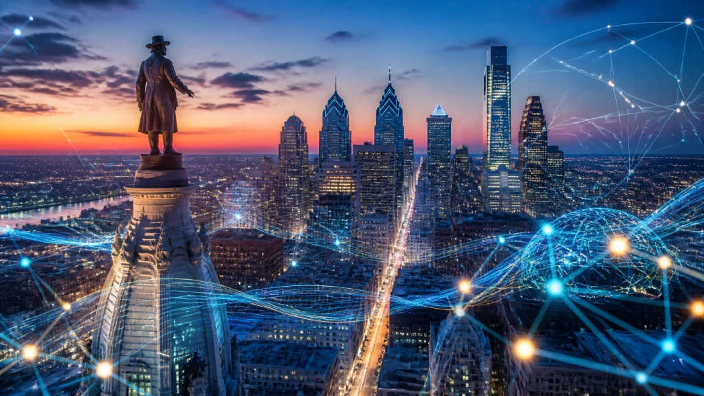 Philadelphia skyline at dusk with digital network overlay
