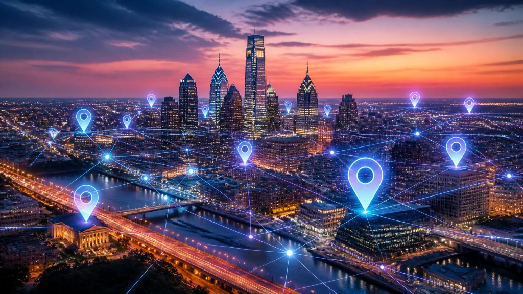 Smart city skyline with digital location network