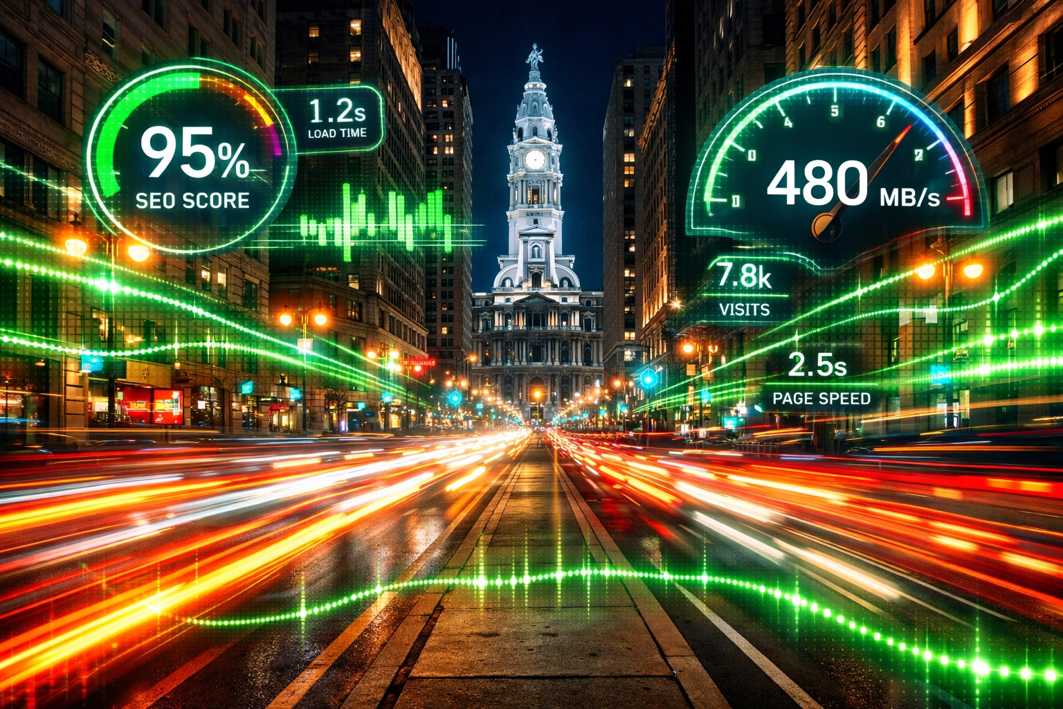 High-speed data pulse over Philadelphia Broad Street representing local SEO performance.