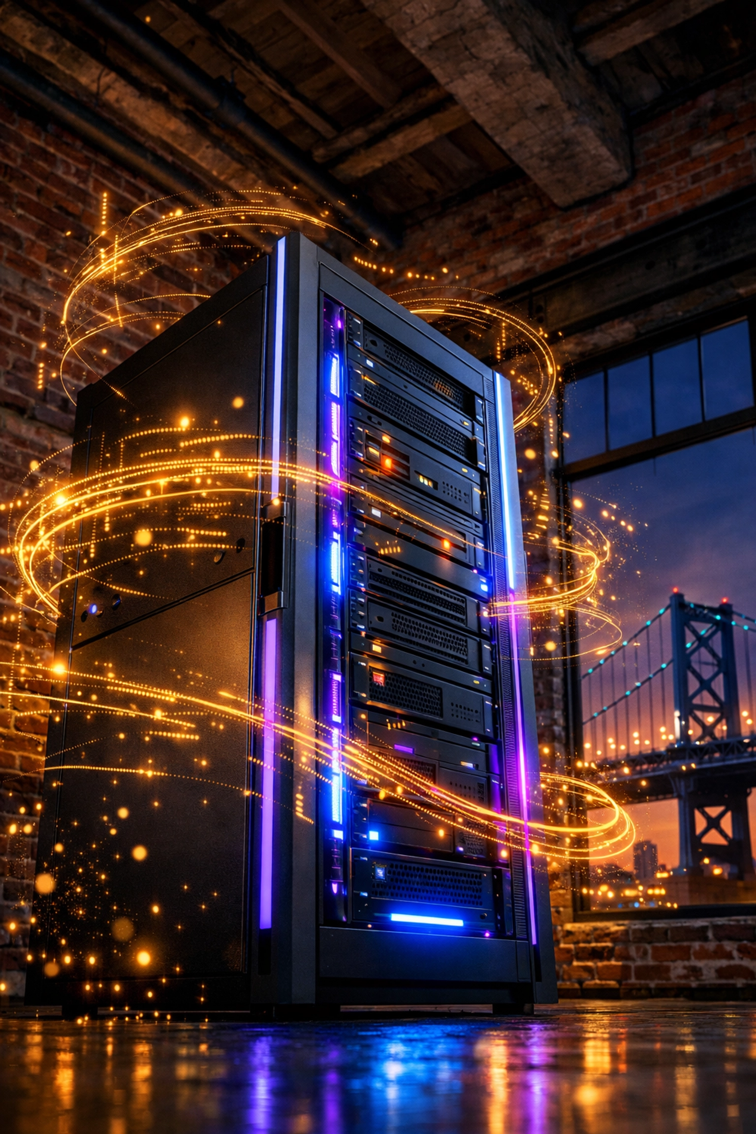 High-performance servers in a Philadelphia loft showcasing powerful hosting for AI web design and infrastructure.