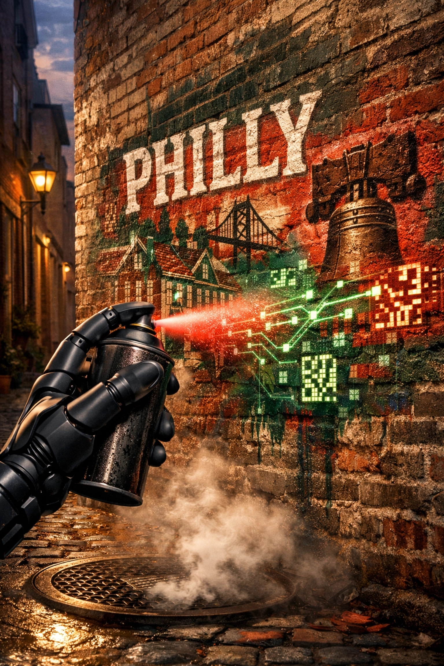 Robotic arm painting a Philly mural, illustrating AI integration into local business branding.