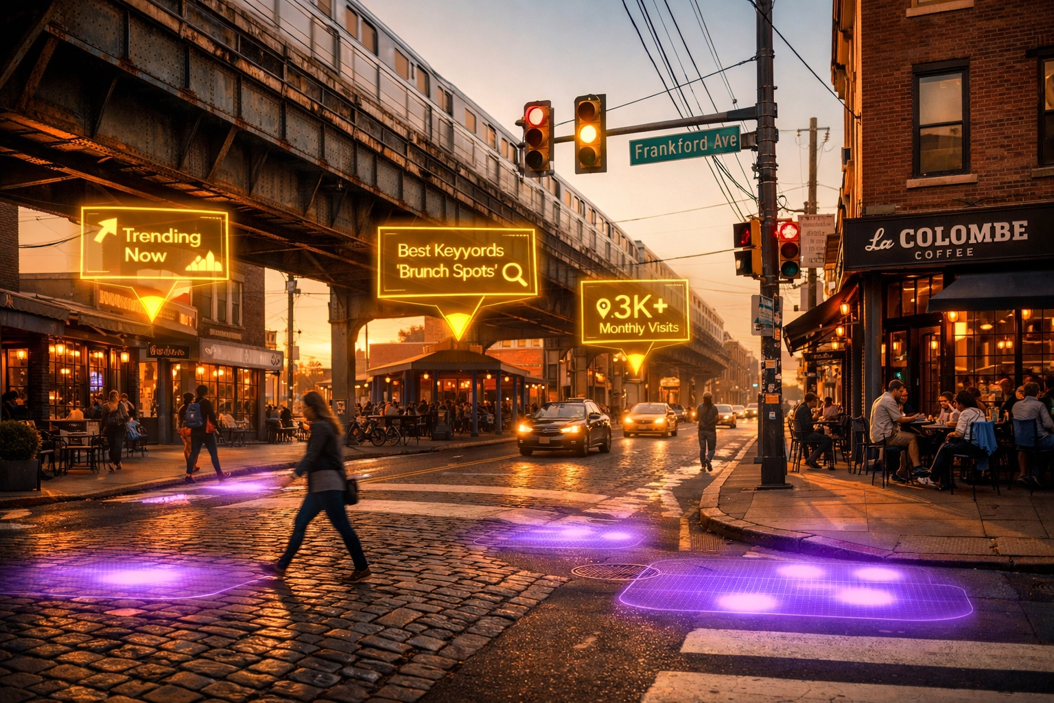 Holographic SEO data over a Fishtown street illustrating advanced Philadelphia local SEO services for growth.