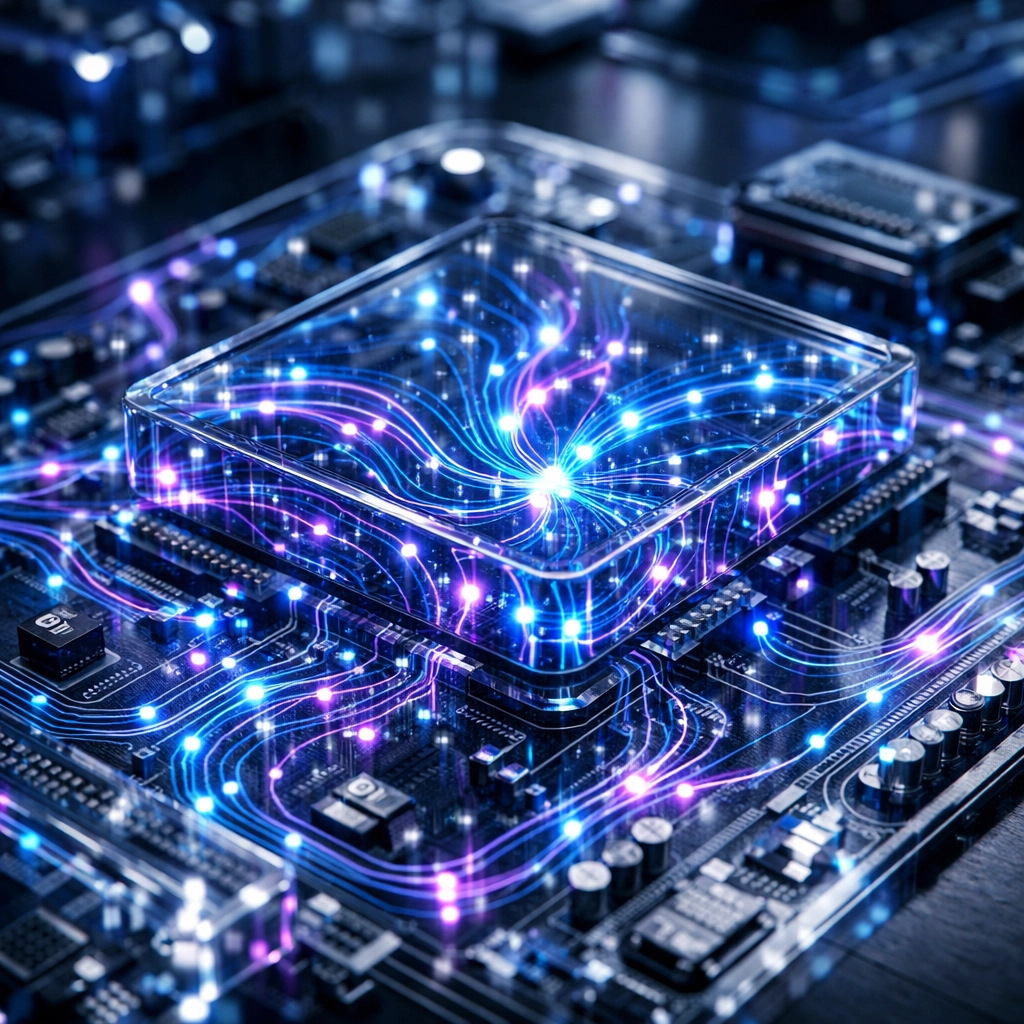 Integrated digital circuitry representing managed AI services and custom API connectivity.