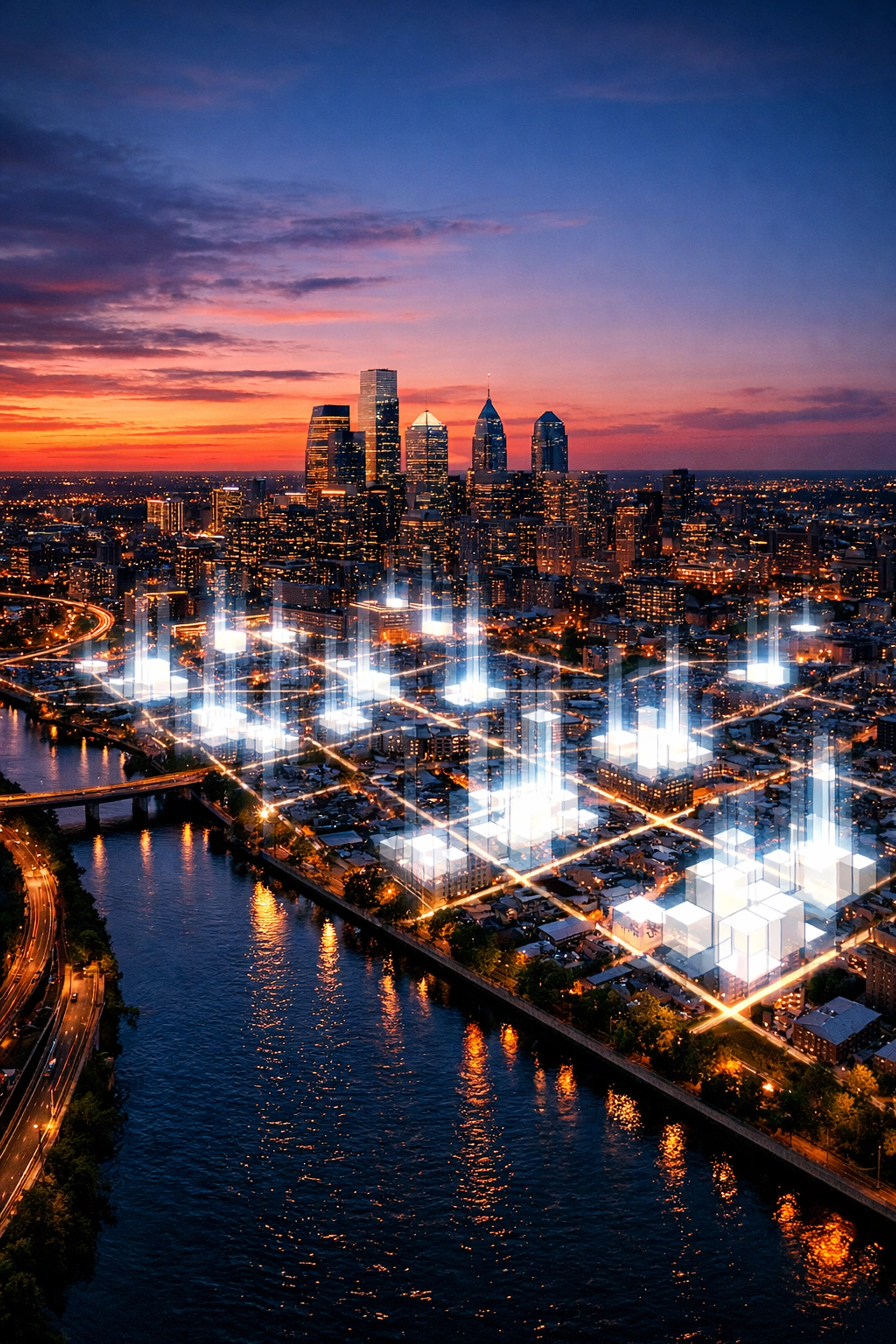 Philadelphia skyline heatmap illustrating data-driven growth for businesses in Philadelphia.