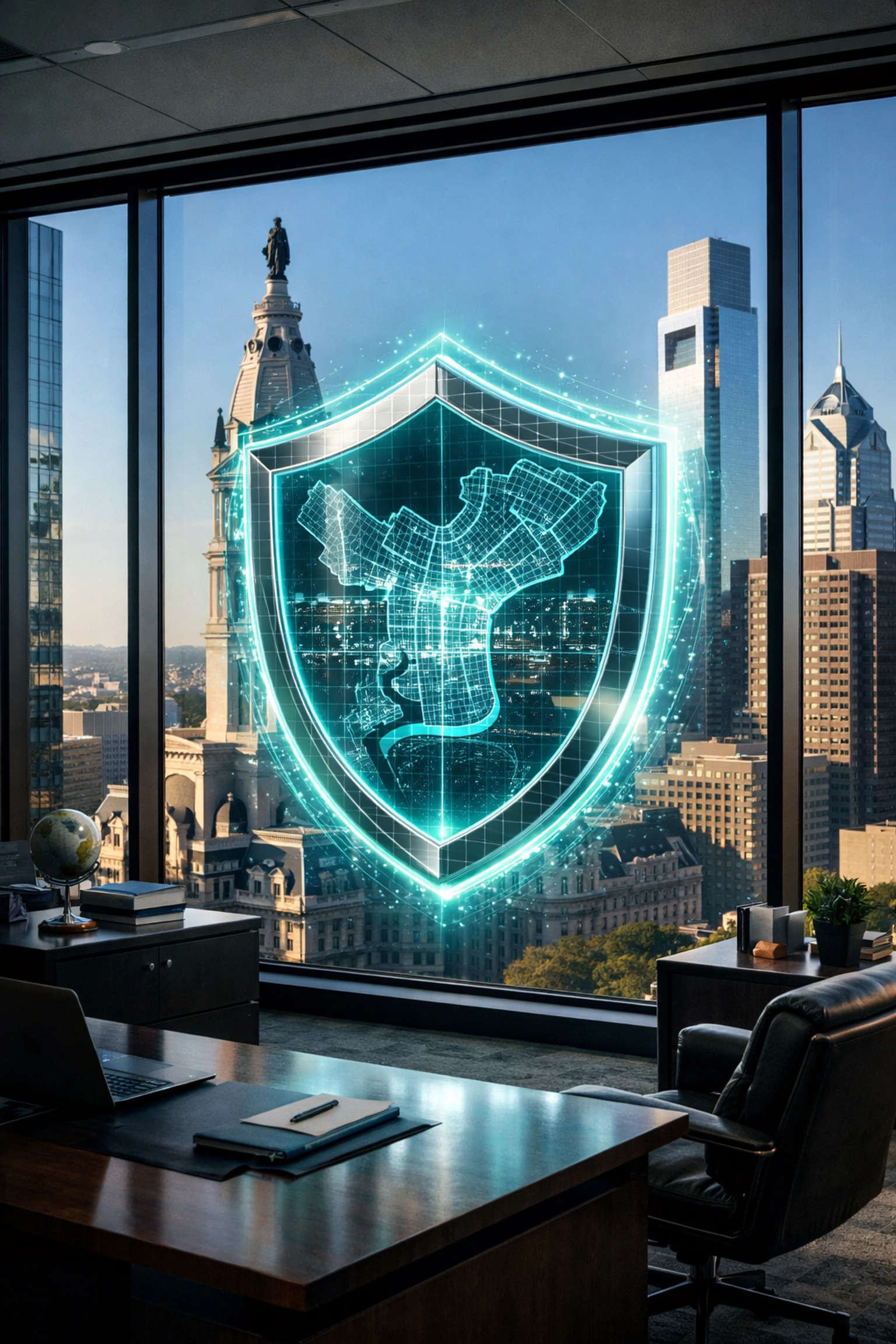 Secure AI data protection and management services overlooking Center City Philadelphia and City Hall.