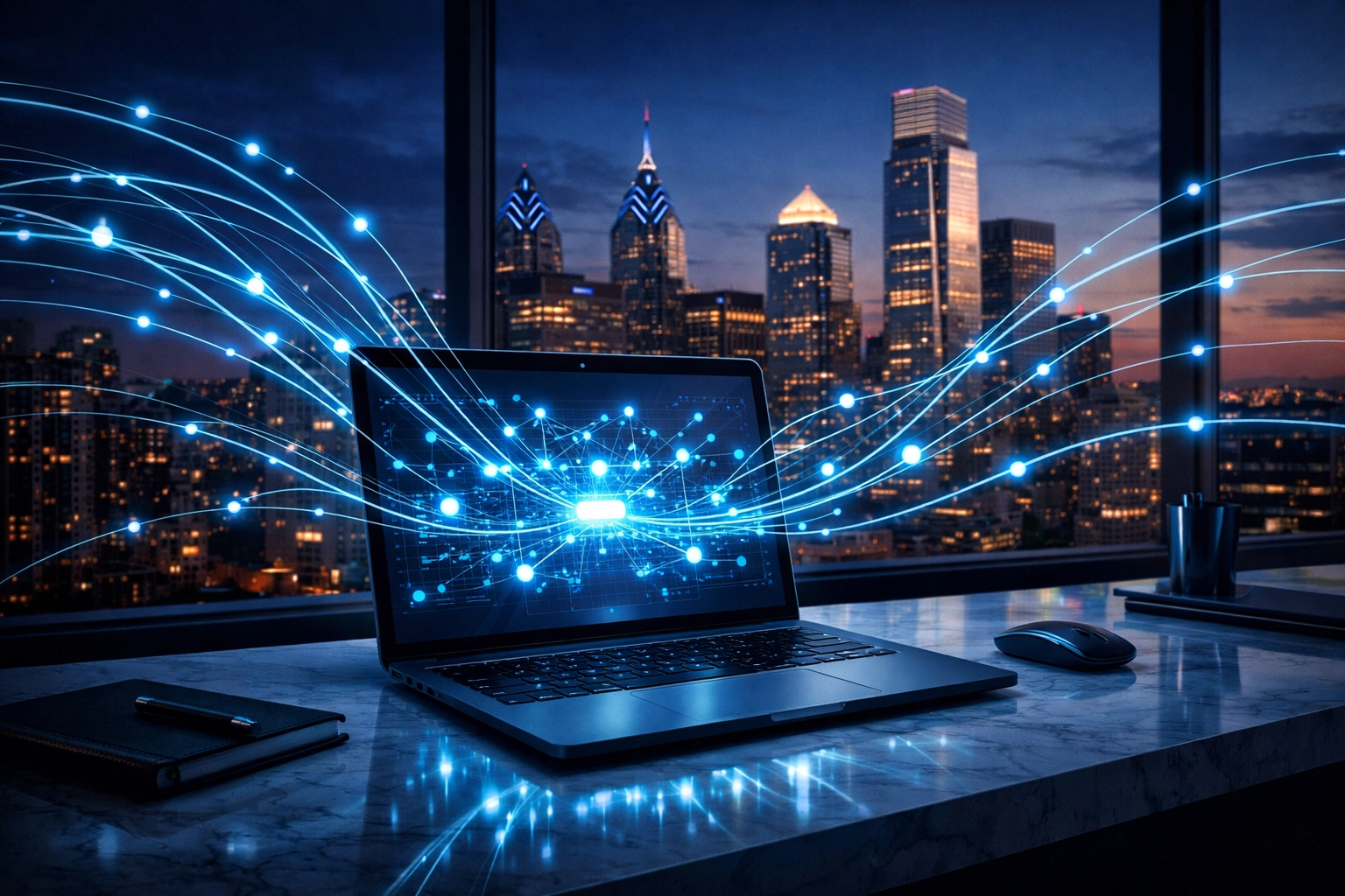 Business website and CRM automation data hub overlooking the Philadelphia skyline at night.