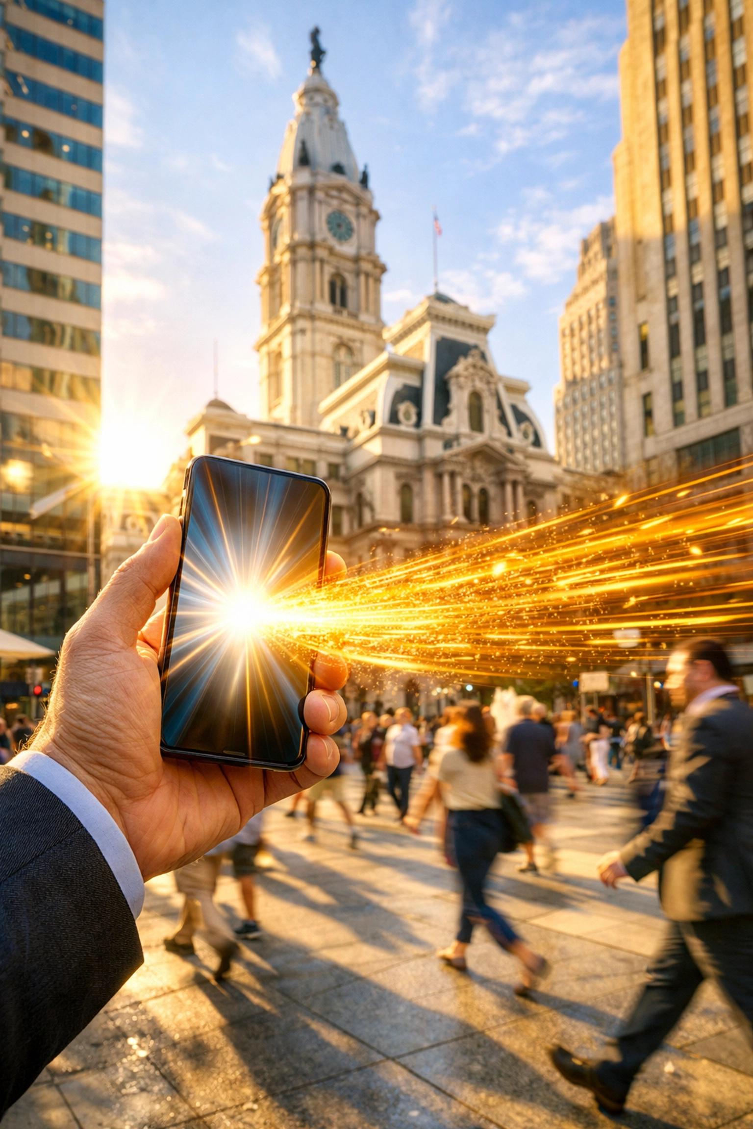 Fast mobile website loading on a smartphone at Dilworth Park with Philadelphia City Hall in the background.