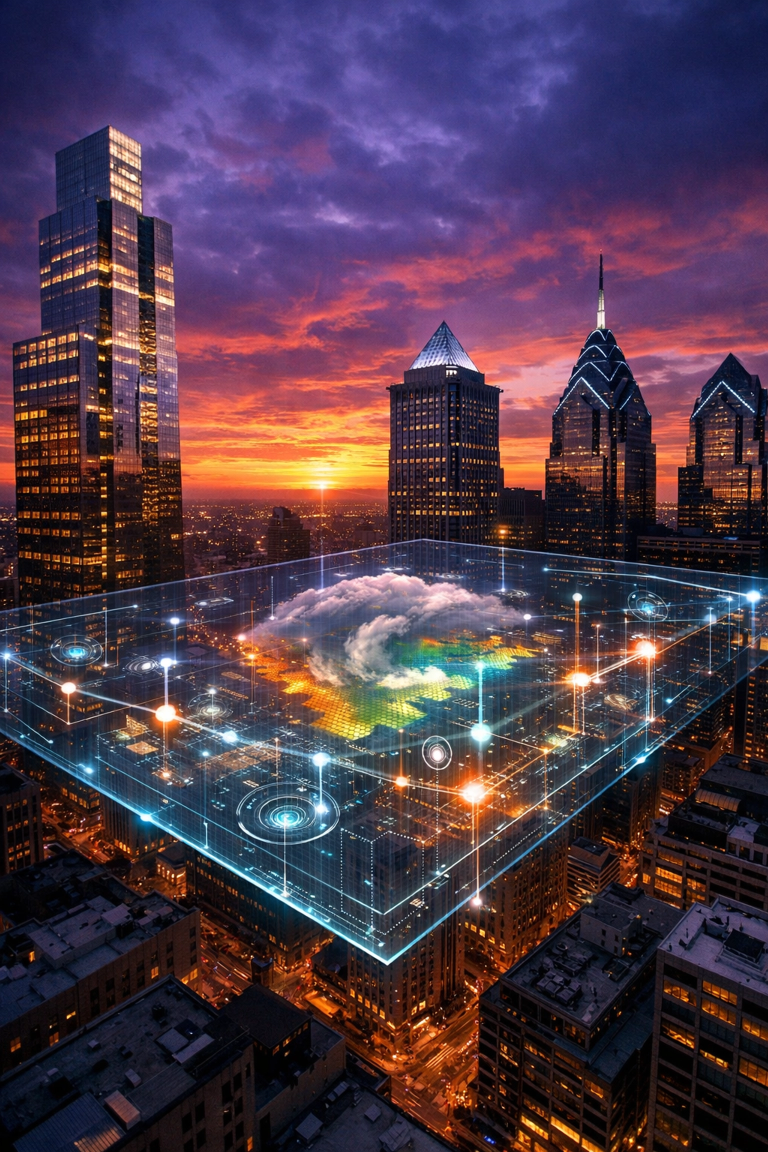 Philadelphia skyline with AI data overlay for local SEO services and businesses in Philadelphia.
