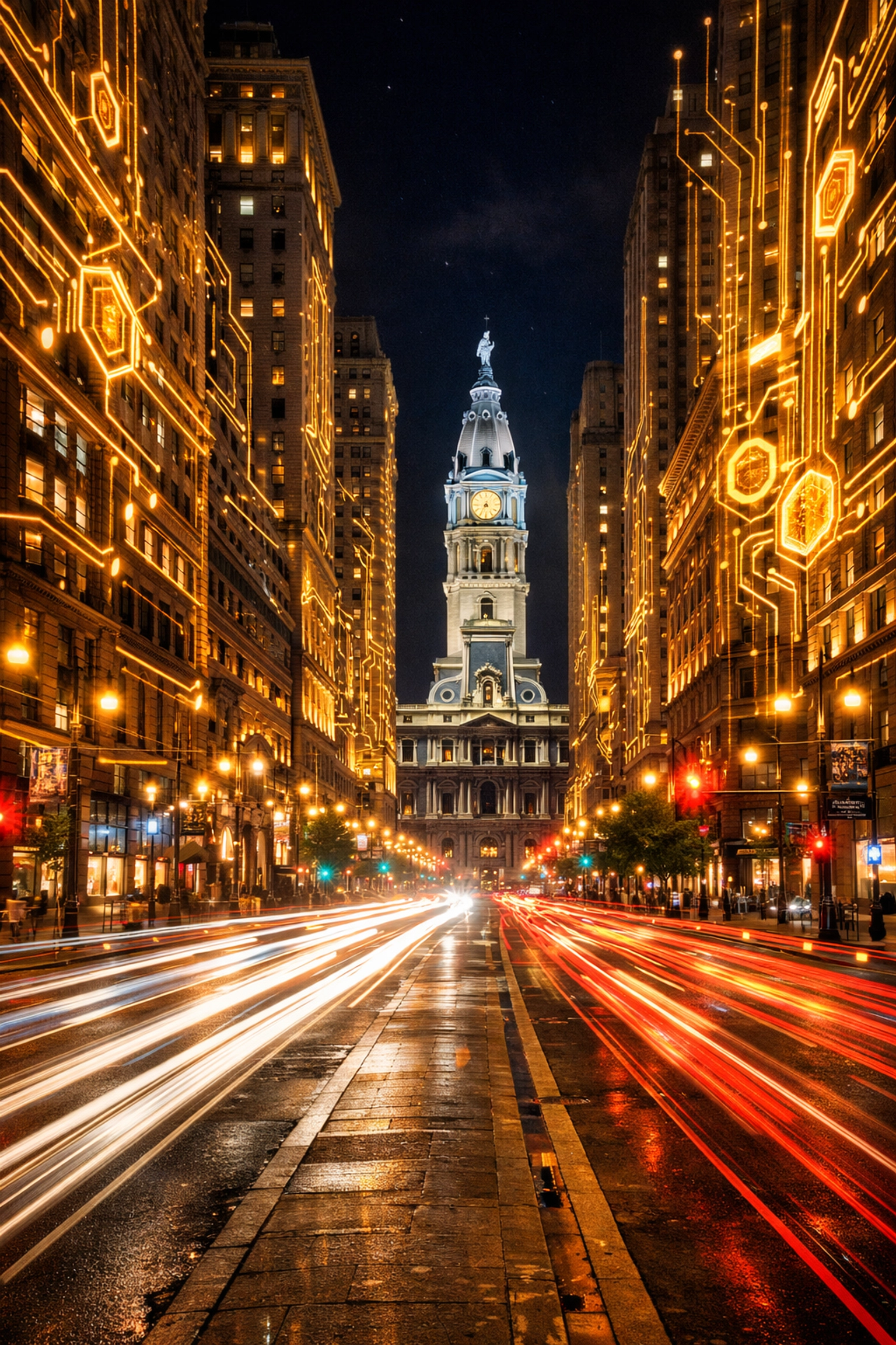AI operations engine and digital automation systems integrated into the Philadelphia City Hall skyline.