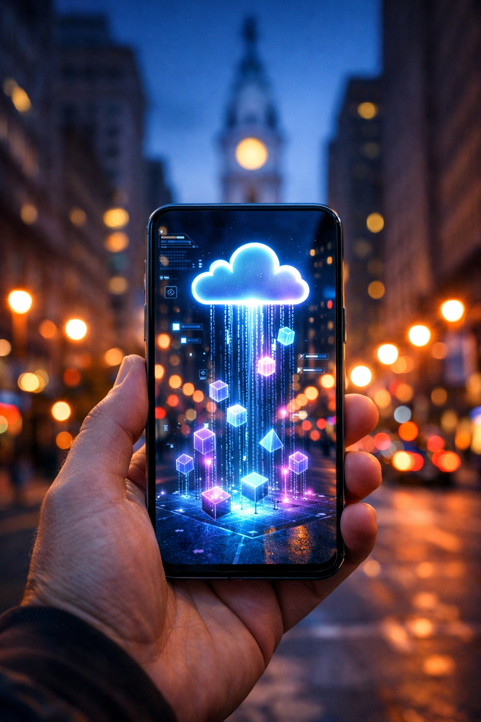 Smartphone displaying AI data streams and sales pipeline metrics in downtown Philadelphia.