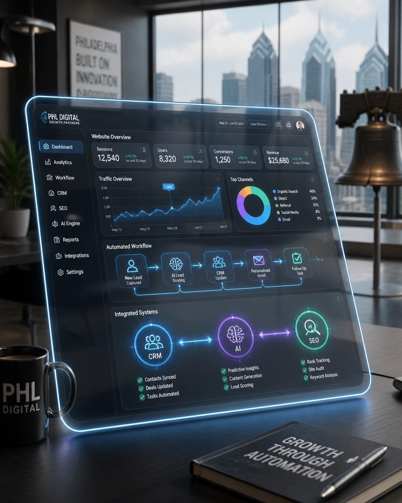 A conceptual illustration of a business dashboard showing AI and CRM integrations syncing perfectly
