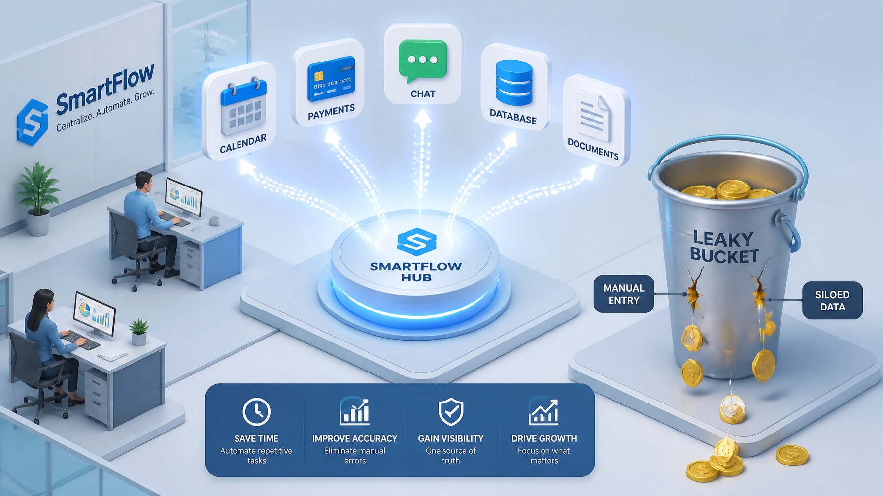 A 3D illustration showing a central glowing hub pulling in scattered business icons, highlighting the fix for the leaky bucket of siloed data