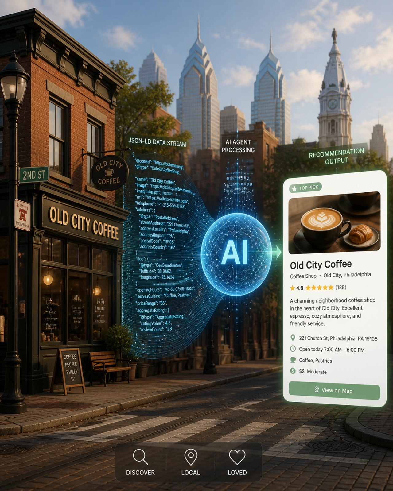 Conceptual representation of an AI agent processing a Philadelphia business via Schema data