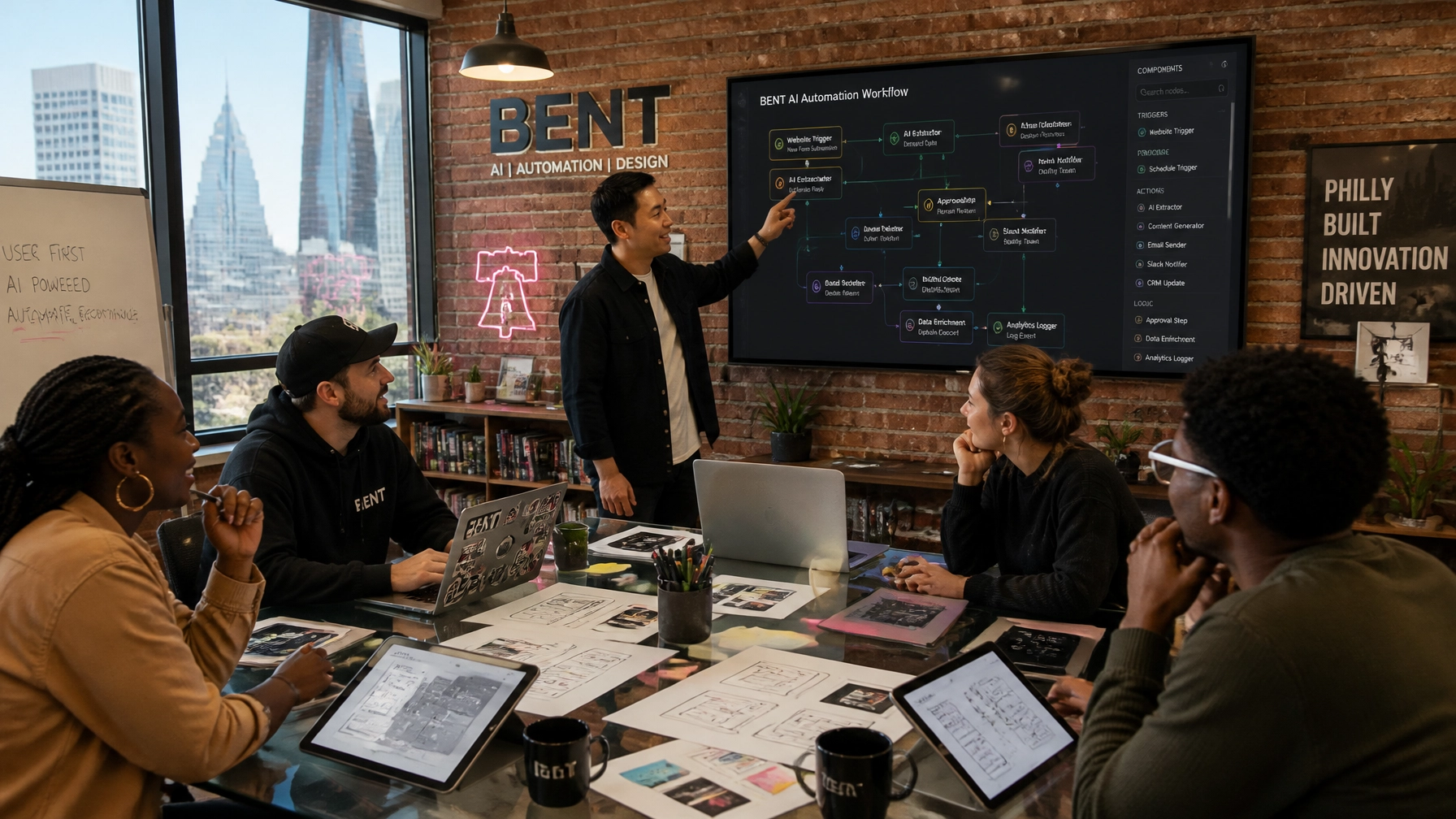 The BENT Enterprise team collaborating on a custom AI automation project in Philadelphia