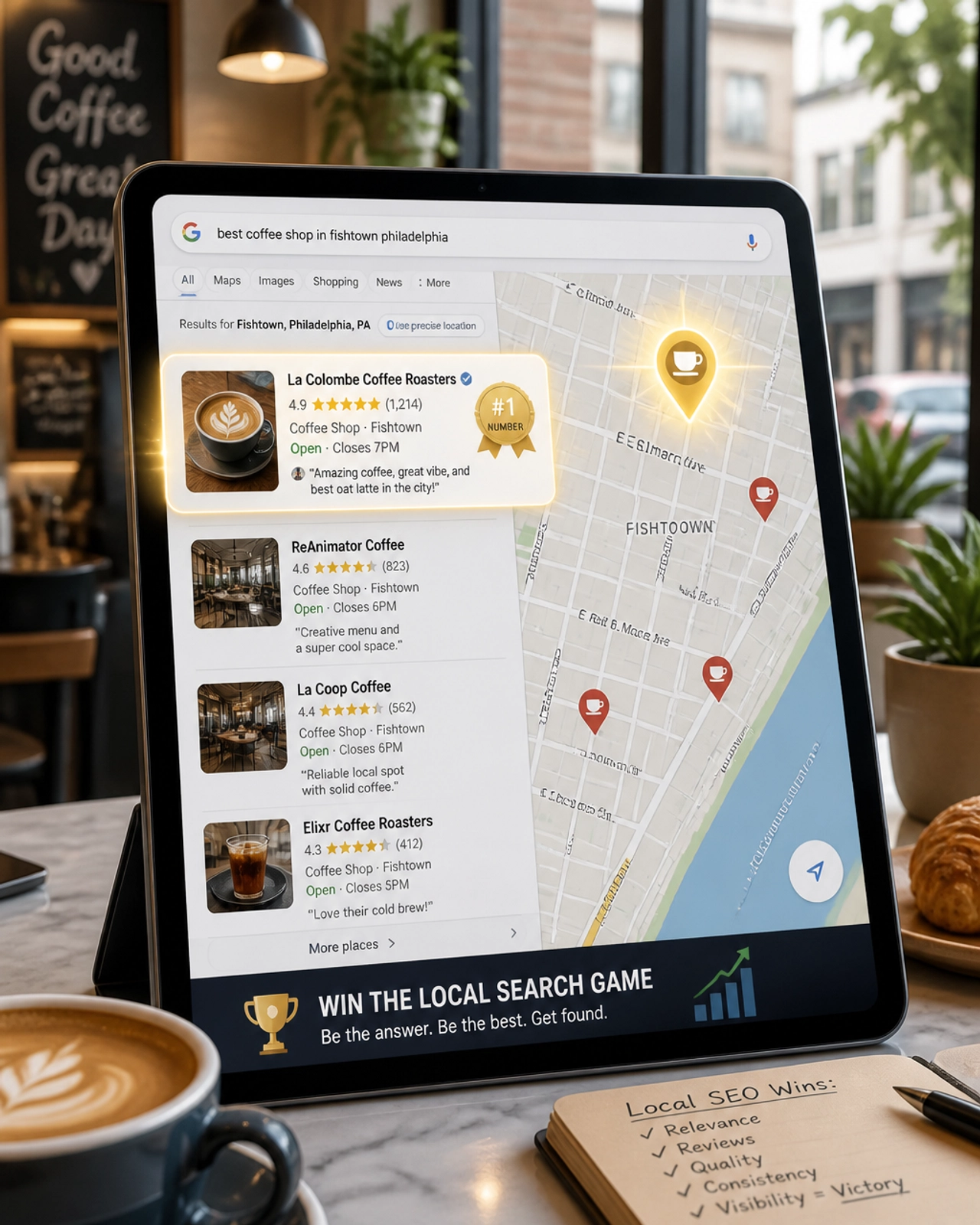 A Philadelphia neighborhood map on a tablet showing a business ranked #1 with 5 stars.