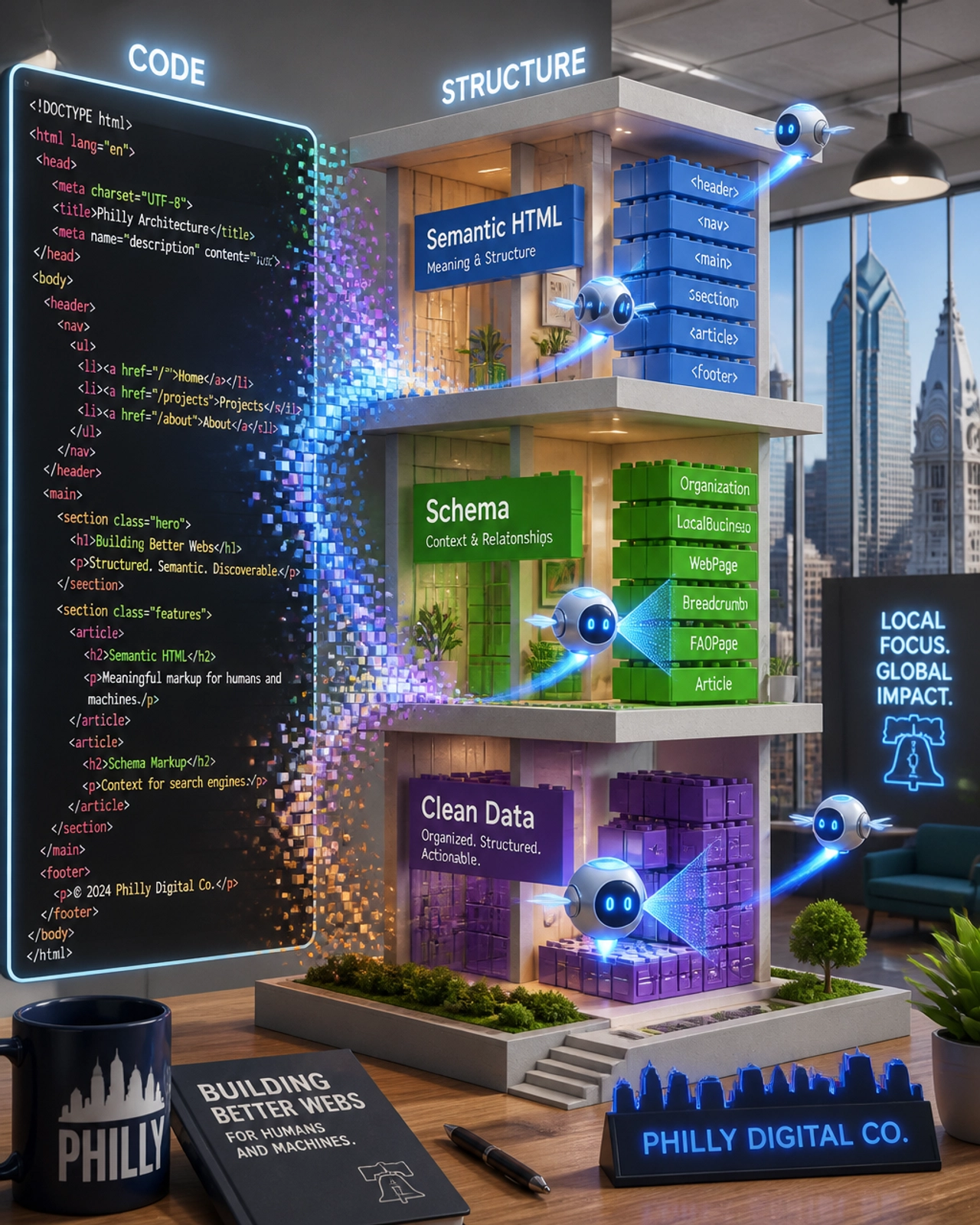 A 3D visualization of website code transforming into a semantic structure for AI agents