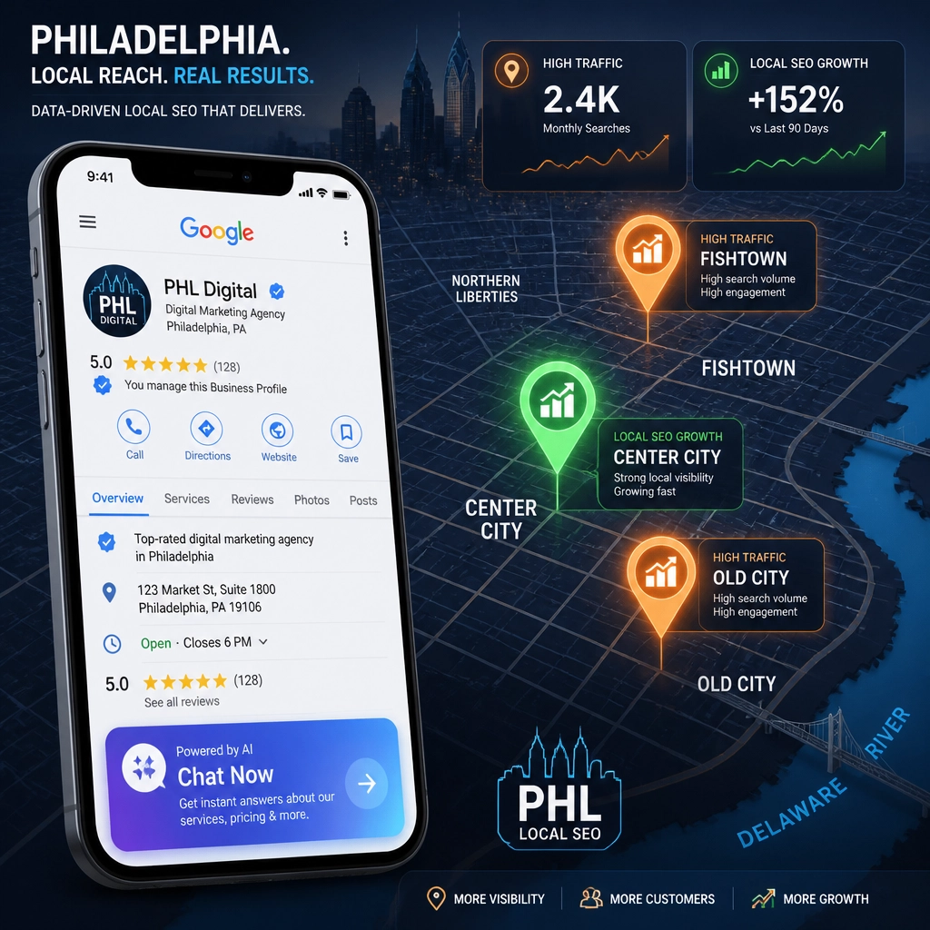 A digital map of Philadelphia highlighting local SEO growth in various neighborhoods