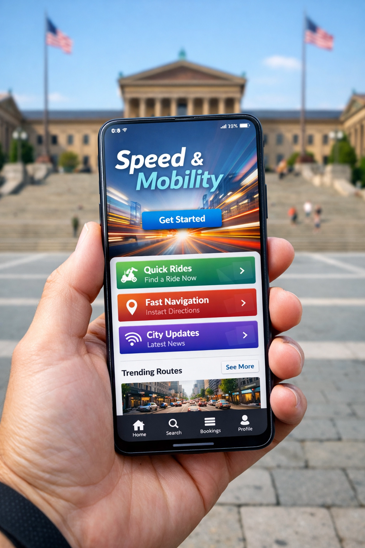 Fast mobile web design interface shown on a smartphone at the Philadelphia Museum of Art steps.
