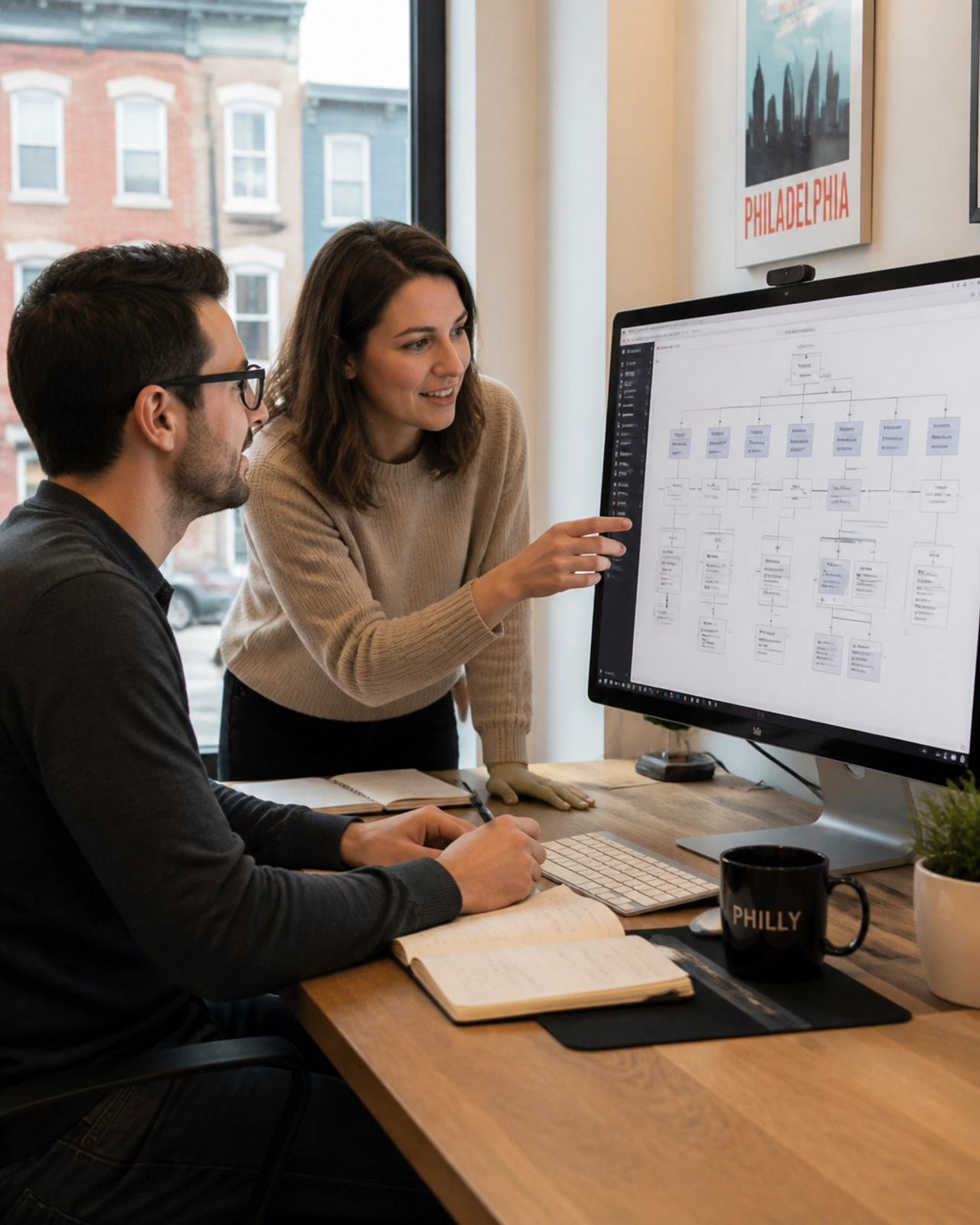 A Philadelphia-based design team discussing website architecture and entity mapping