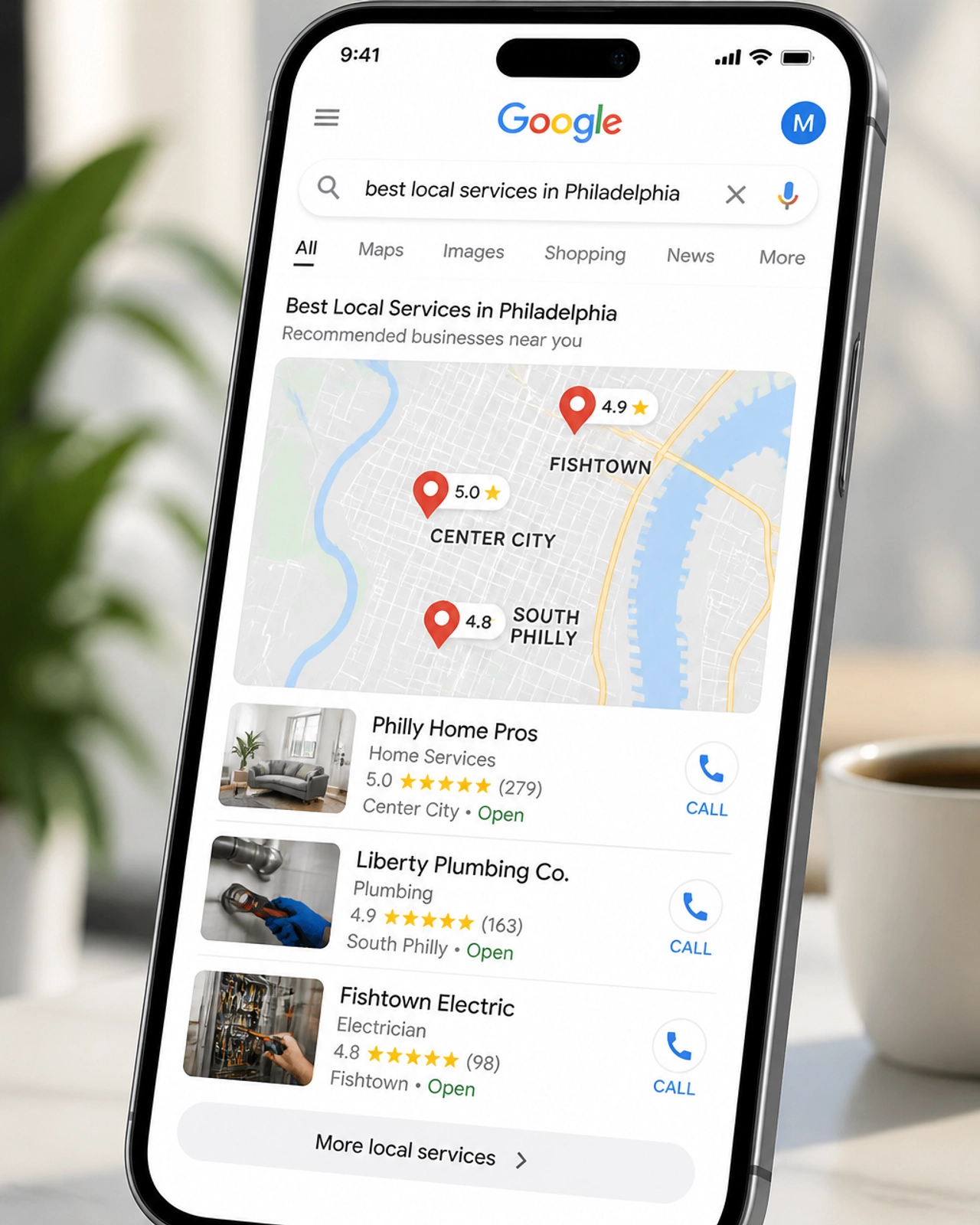 A modern smartphone displaying a Google search result for best local services in Philadelphia neighborhoods