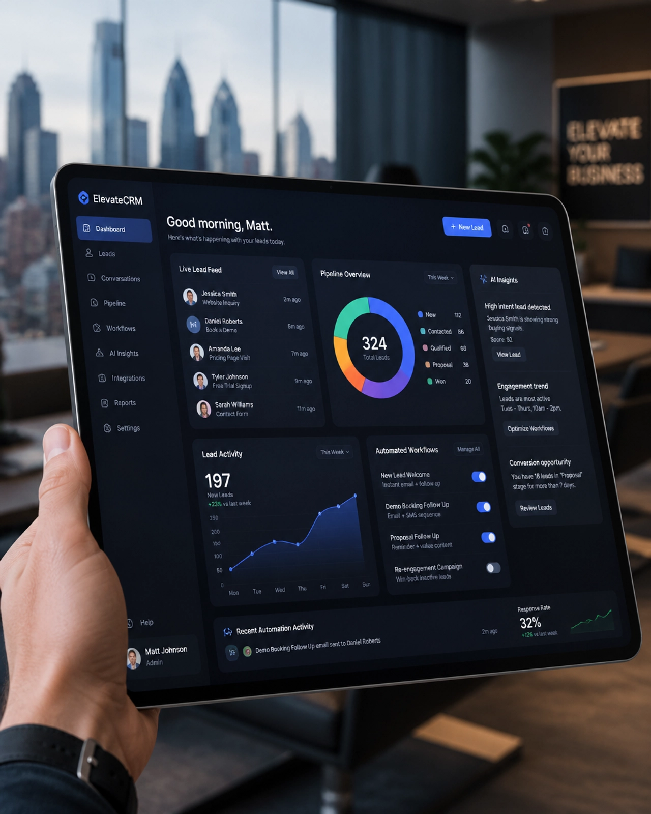 A futuristic tablet displaying a business dashboard with AI insights and lead tracking in a Philly office