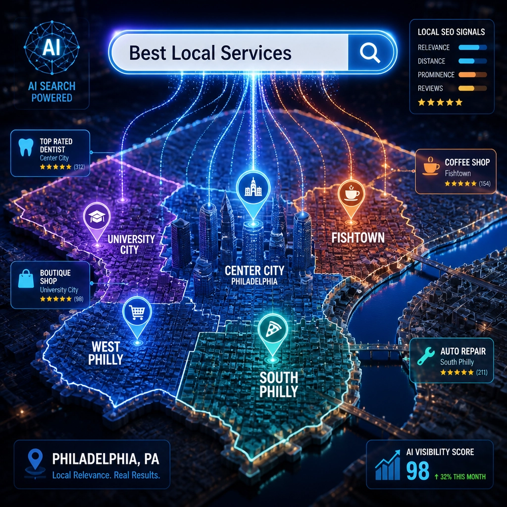 Local SEO visualization of Philadelphia neighborhoods with digital data pins