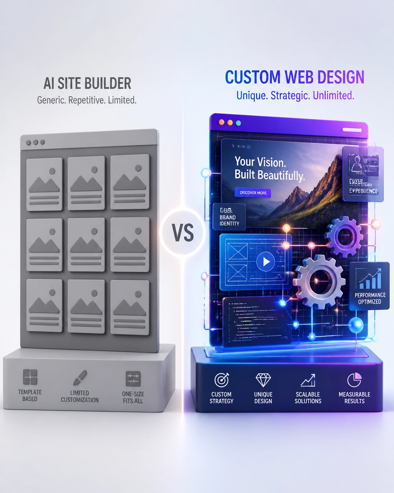 Abstract comparison between a generic AI grid and a detailed, vibrant custom website blueprint.