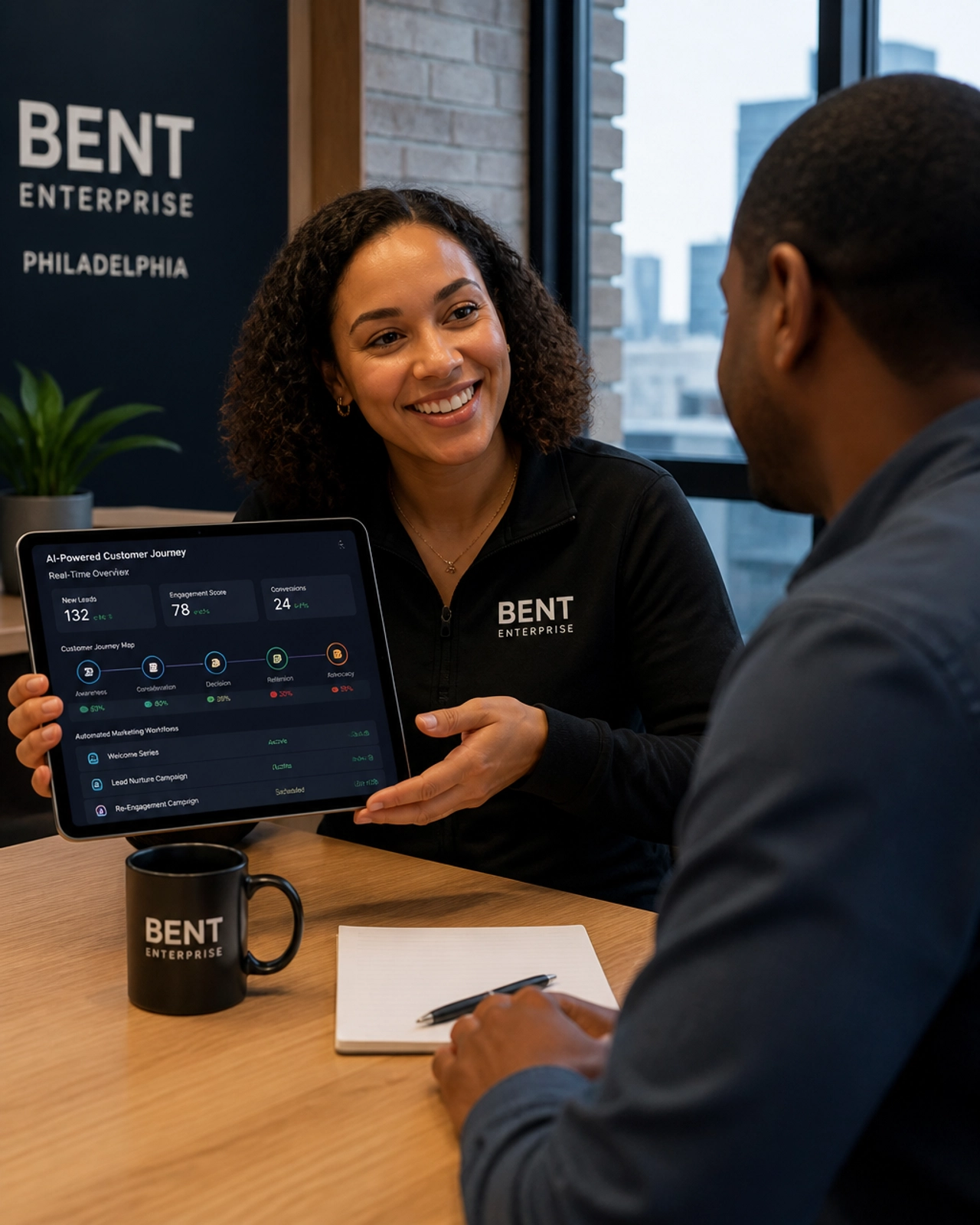 BENT Enterprise consultant showing AI-integrated dashboard to a Philly client