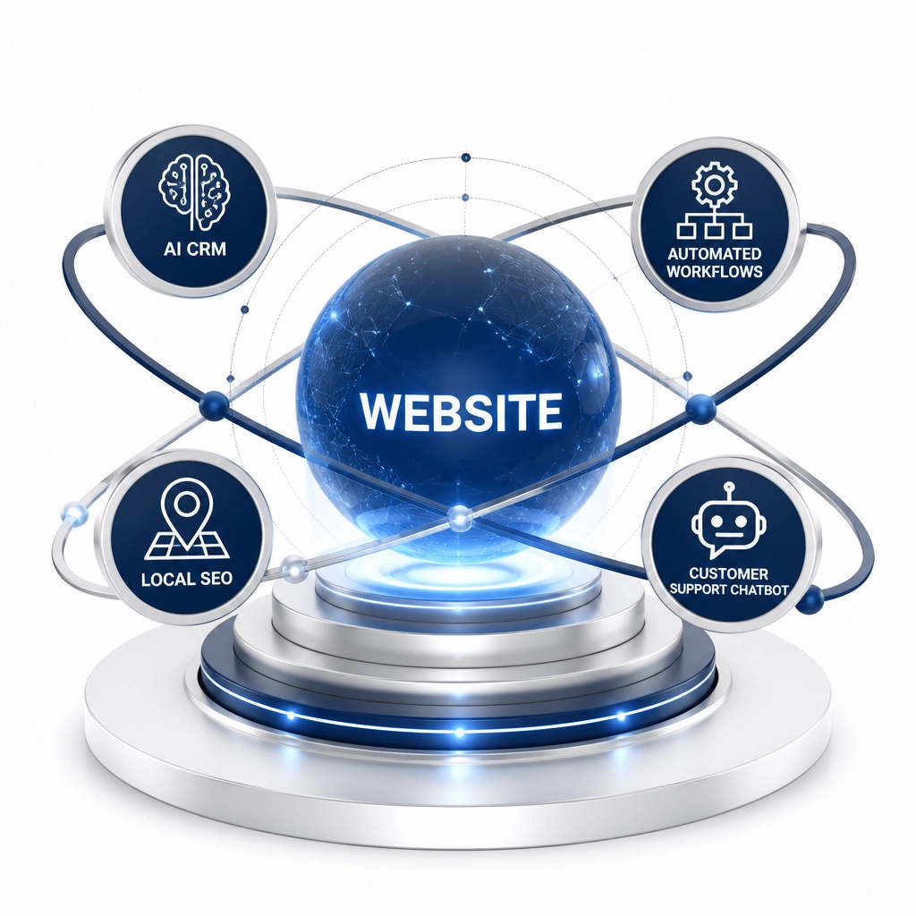 Modern 3D illustration of an integrated website tech stack featuring AI and automation icons