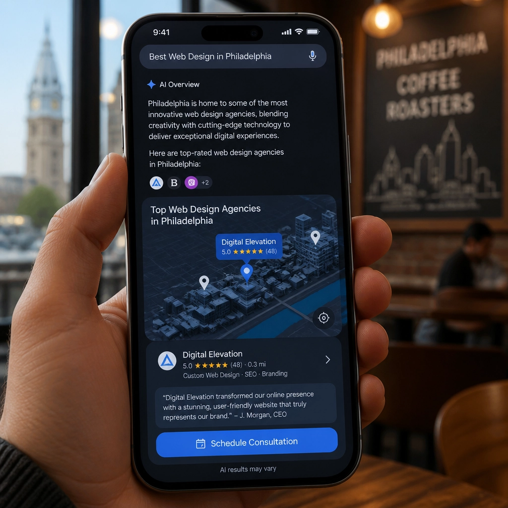 Modern AI-driven search interface on a smartphone in a Philadelphia setting