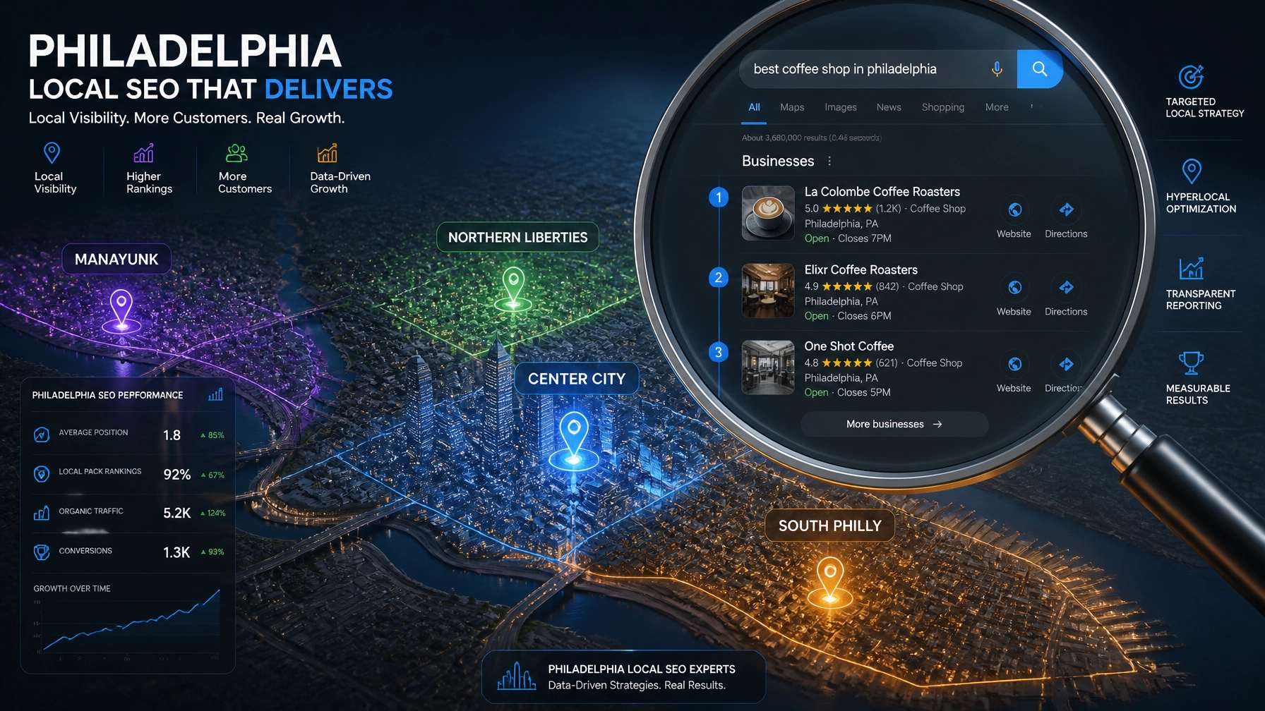 A digital 3D map of Philadelphia neighborhoods showing SEO nodes and search rankings