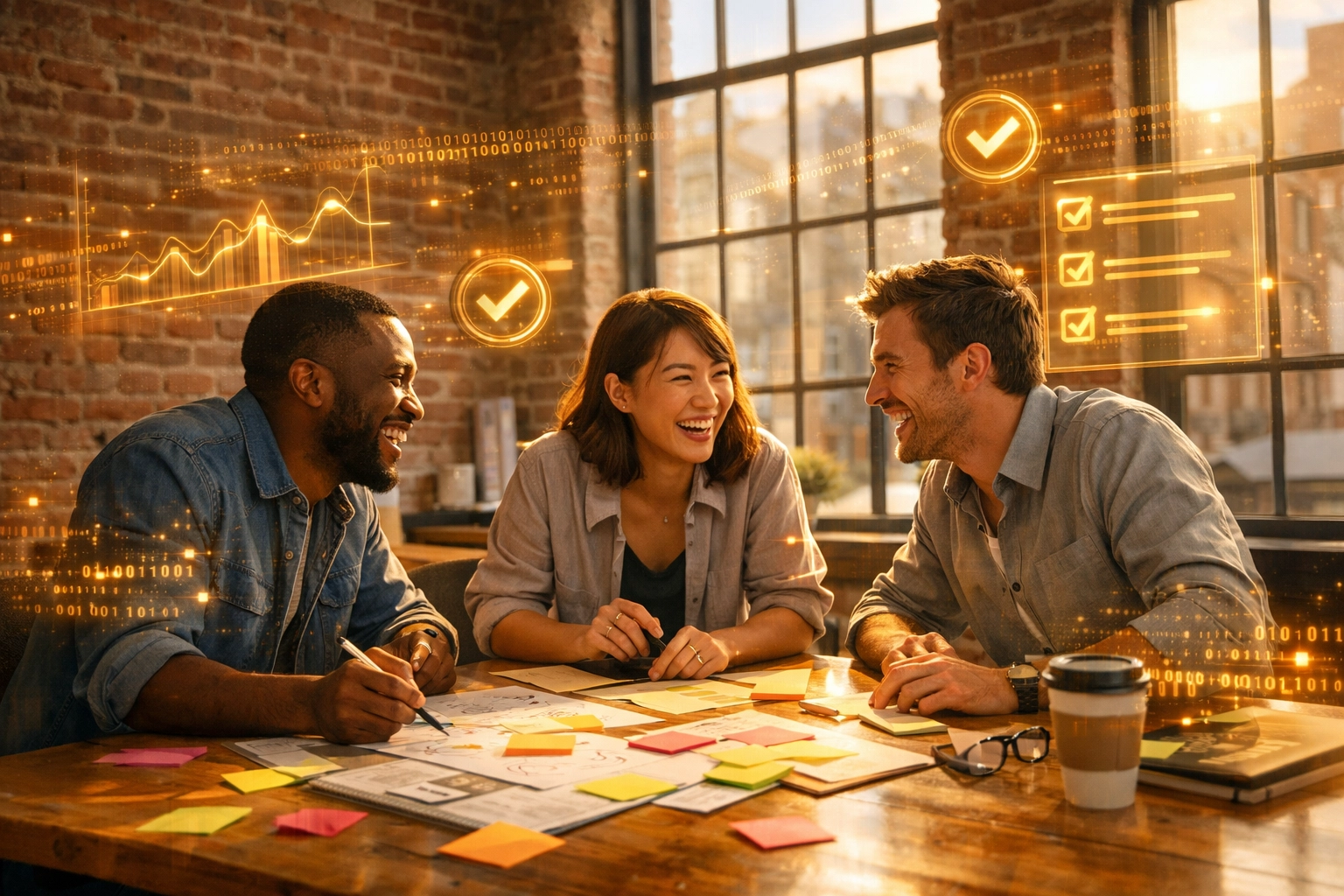 Philadelphia team collaborating in an Old City office while AI automation handles background operations.