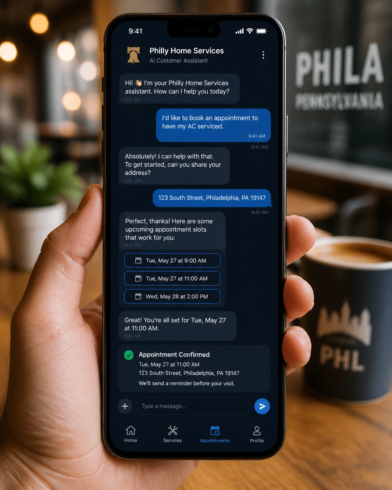 AI chatbot booking an appointment on a smartphone