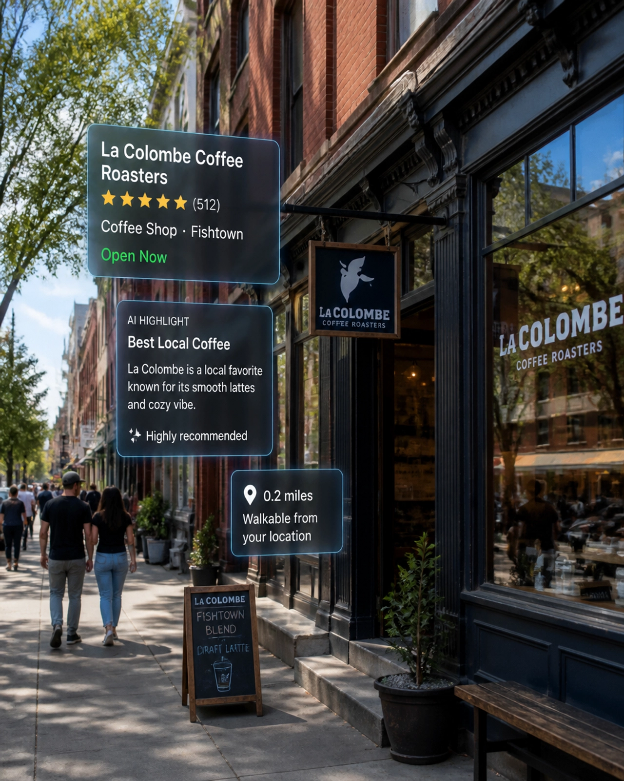 AR digital tags hovering over a Fishtown storefront showing real-time AI highlights