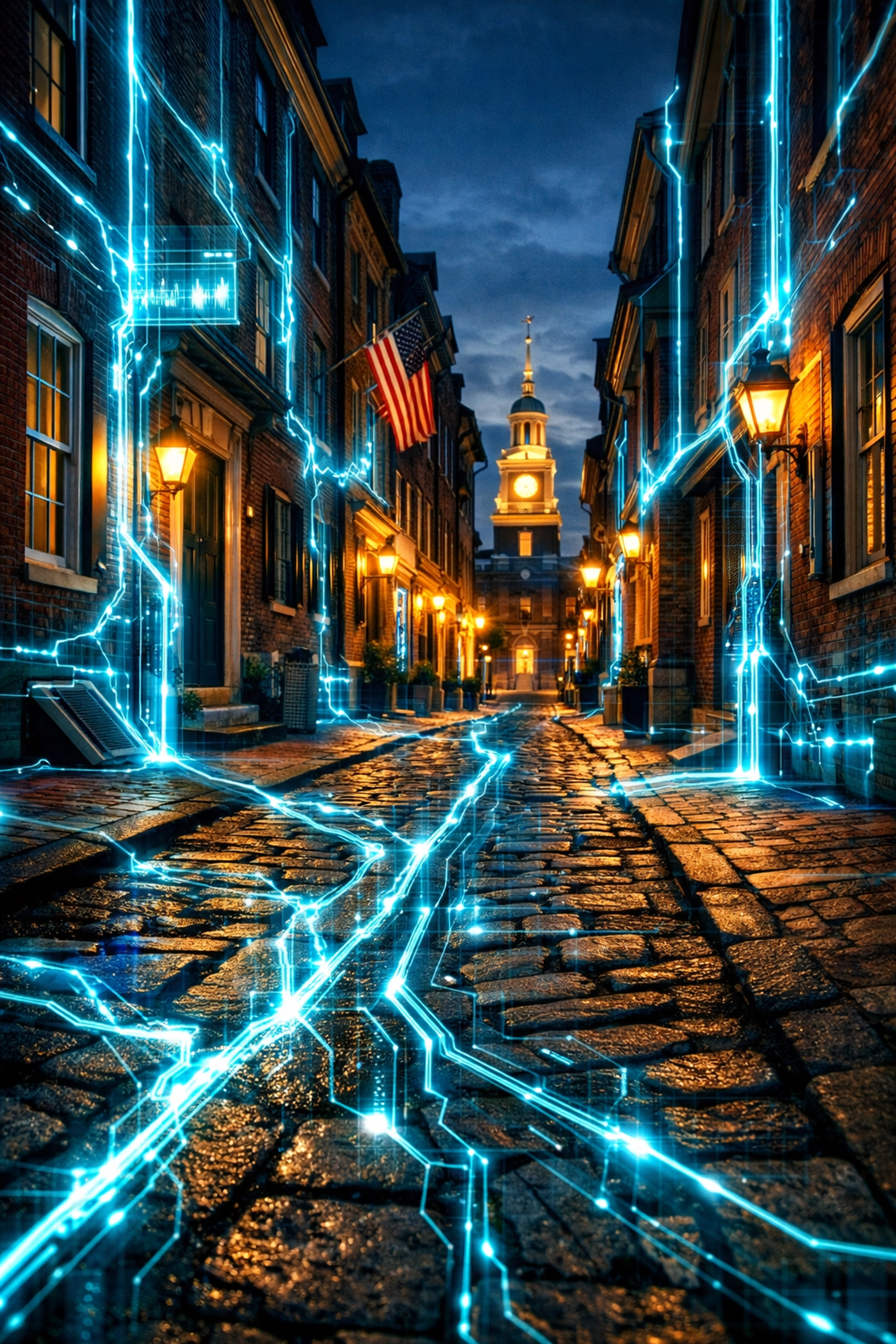 Digital data streams flowing over an Old City Philadelphia street illustrating local SEO technical foundations.