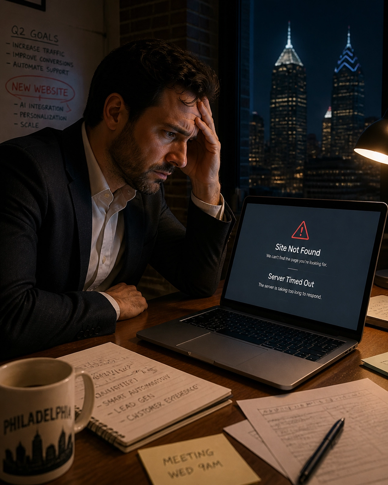 A stressed business owner in Philadelphia dealing with a slow, broken website due to poor hosting