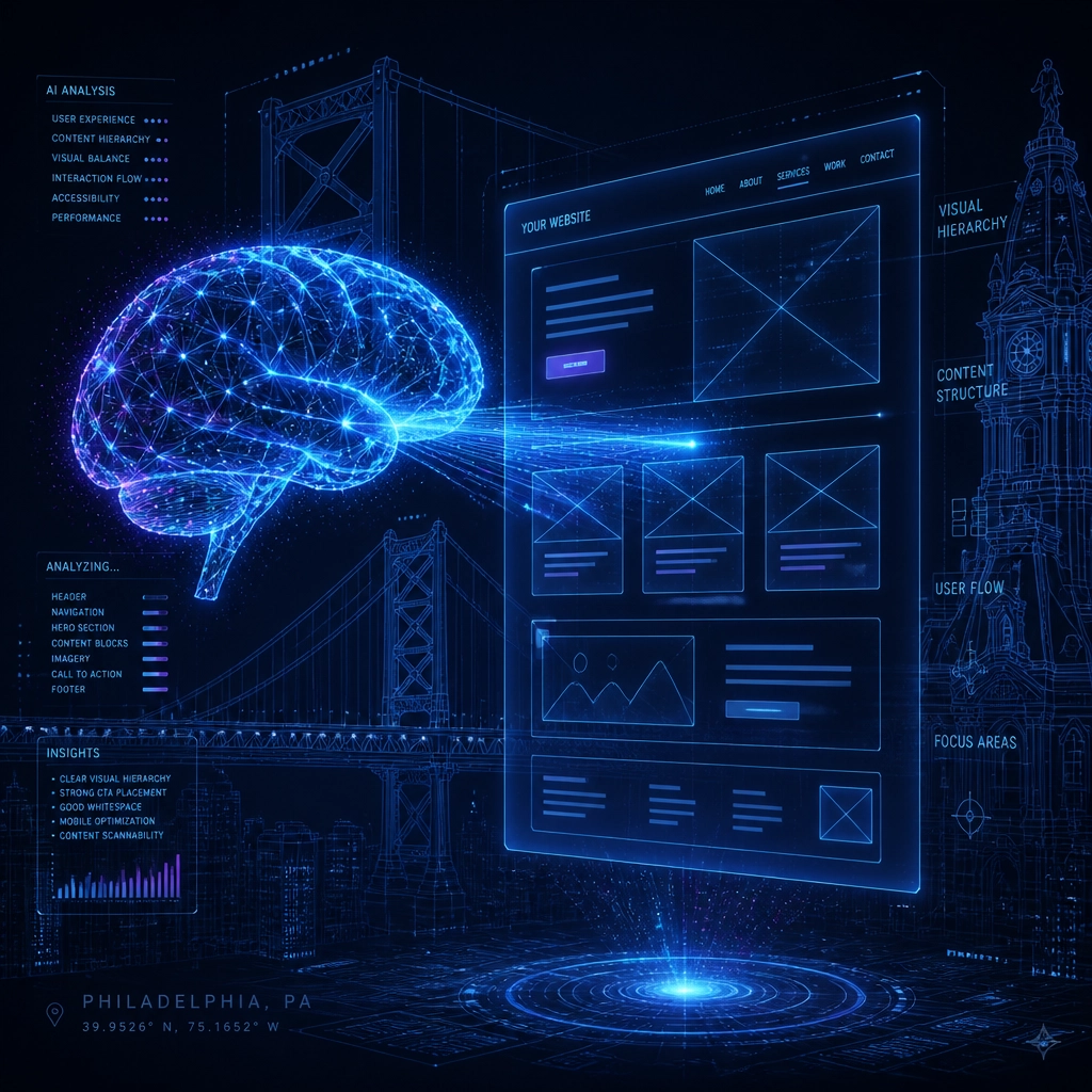 Abstract digital representation of an AI brain analyzing a website layout with Philly architecture in the background