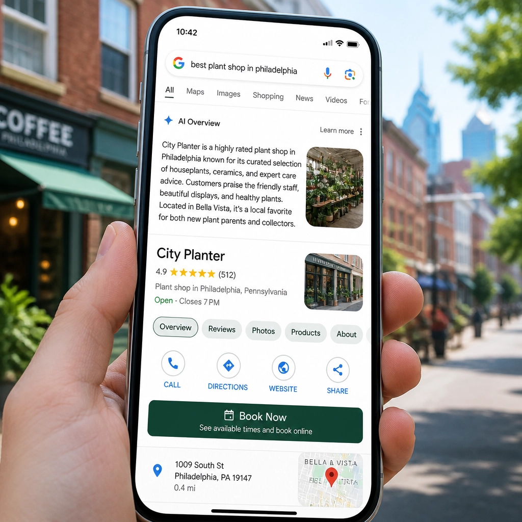 A smartphone displaying a local AI search result with an 'AI Overview' highlighting a top-rated Philadelphia shop.