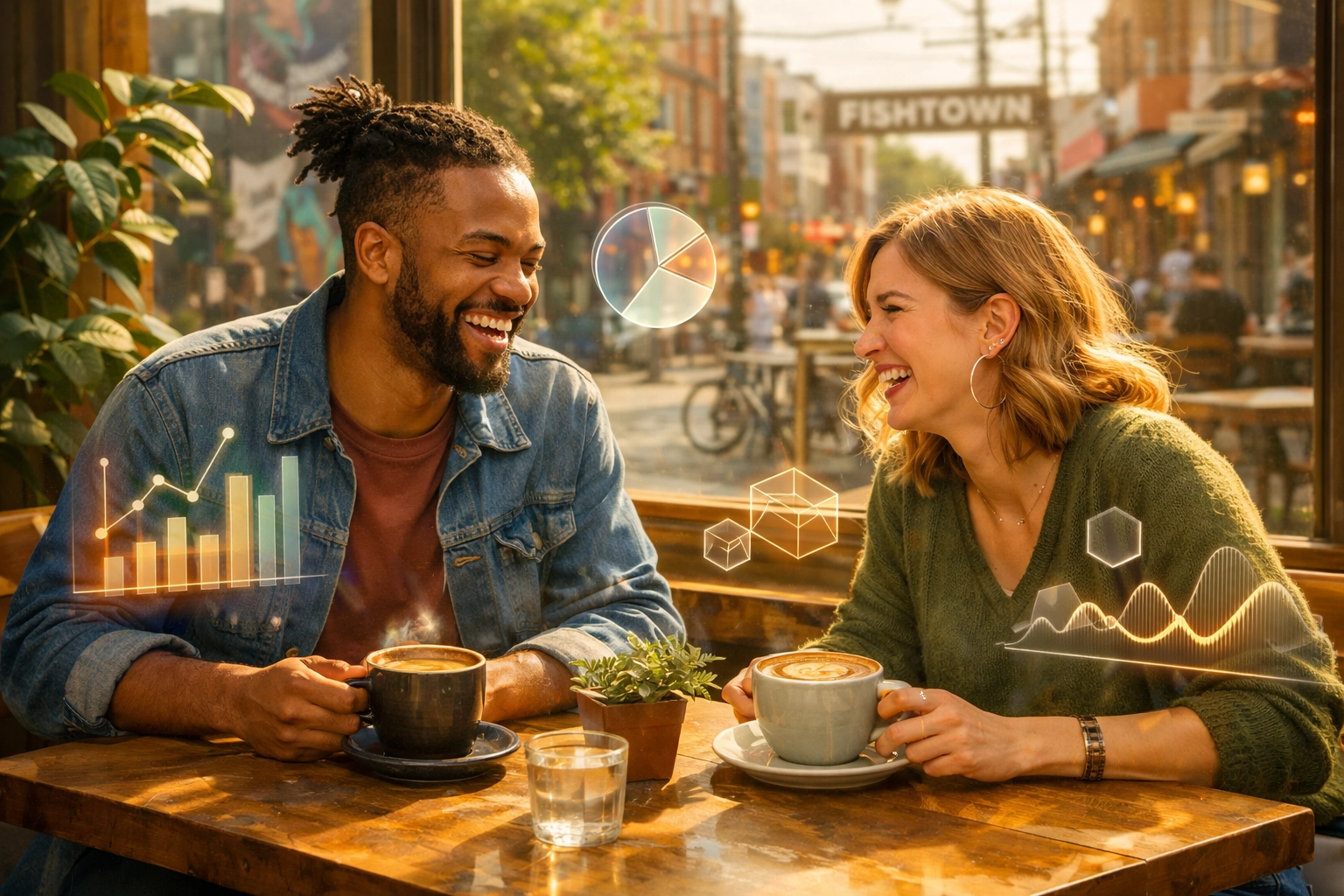 Business owners in Fishtown collaborating with AI-assisted technology for a human-centric customer experience.