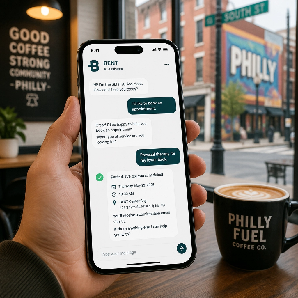 A modern AI chatbot interface on a smartphone in a Philadelphia cafe setting