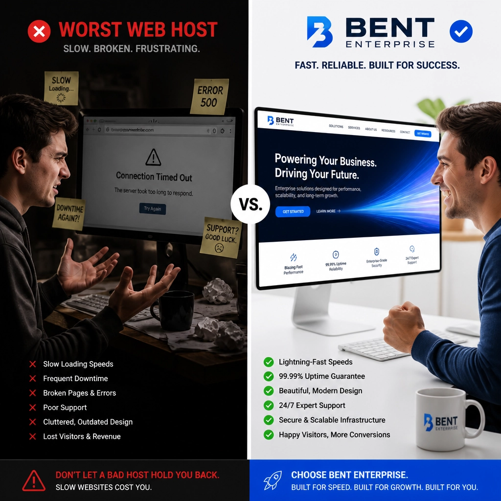 Comparison between a slow website on a bad host versus a fast, modern BENT Enterprise site