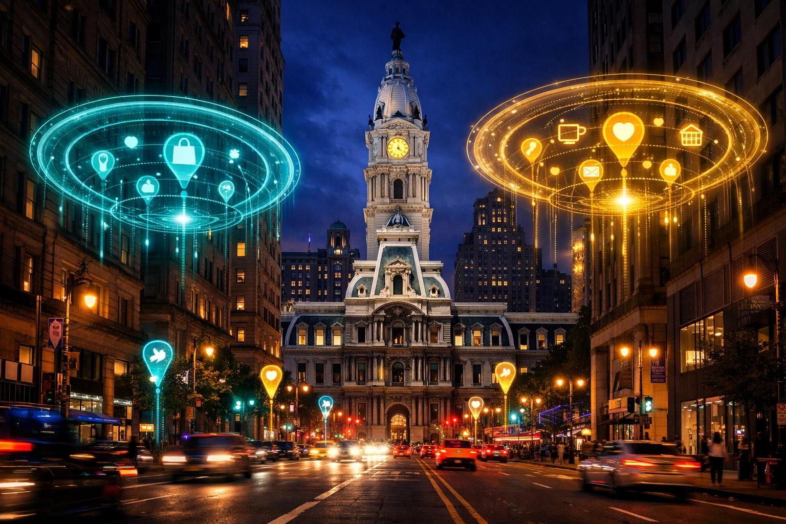 Local SEO search intent data visualization over Philadelphia City Hall at dusk.