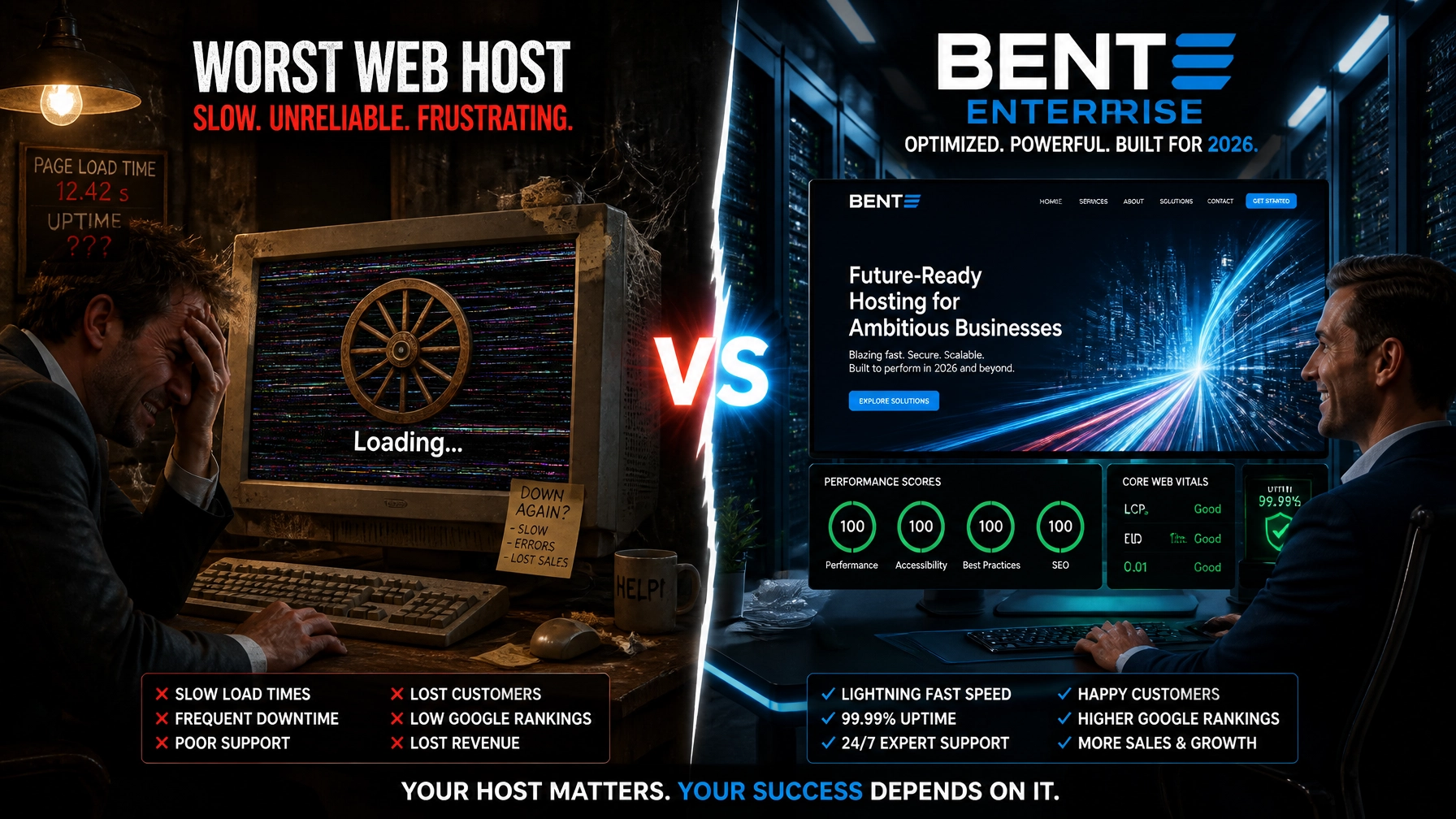 A visual comparison showing a frustrated business owner with a slow website (the worst web host) versus a fast, optimized workstation.