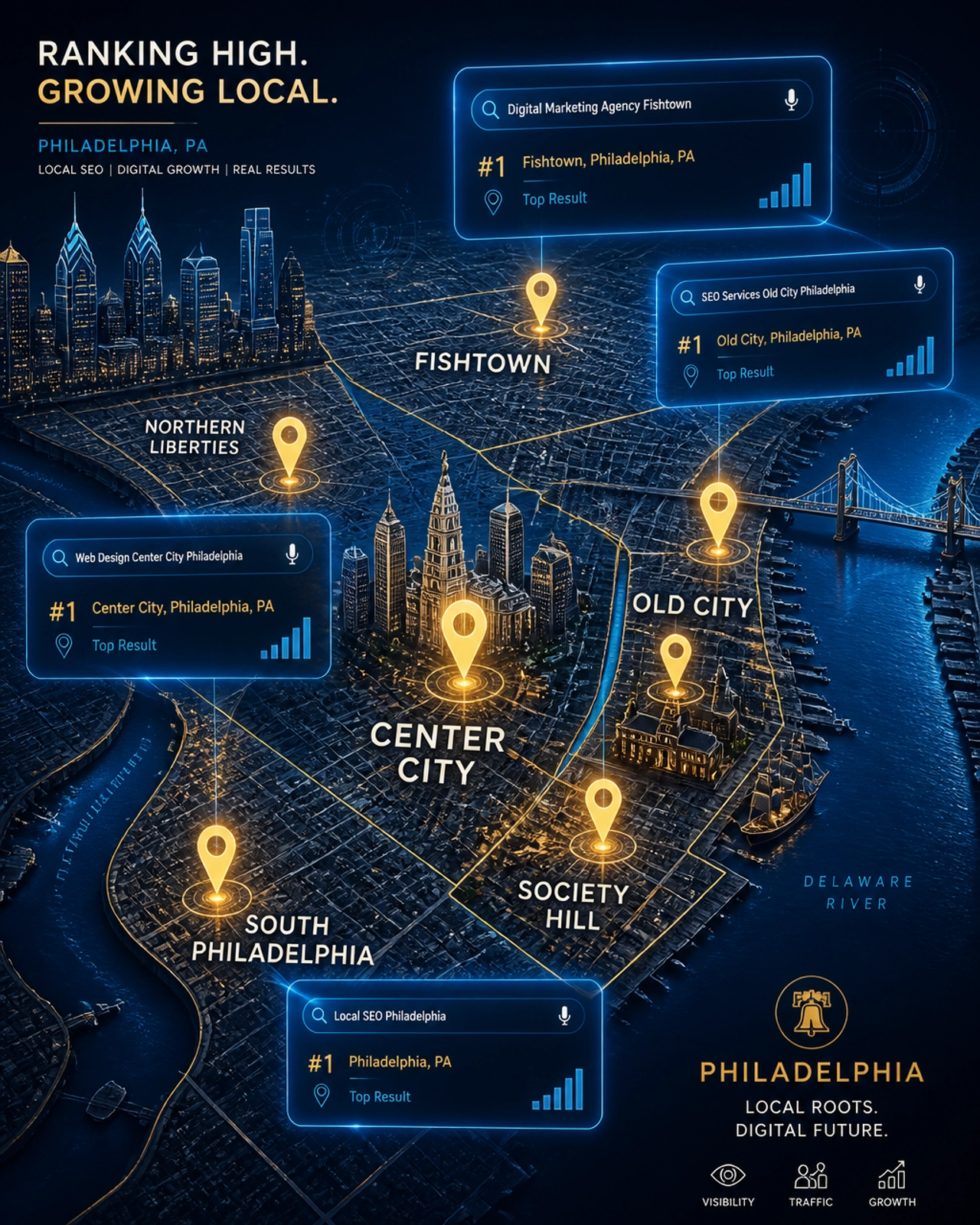 Artistic digital map of Philadelphia neighborhoods with glowing digital pins marking high-ranking search results