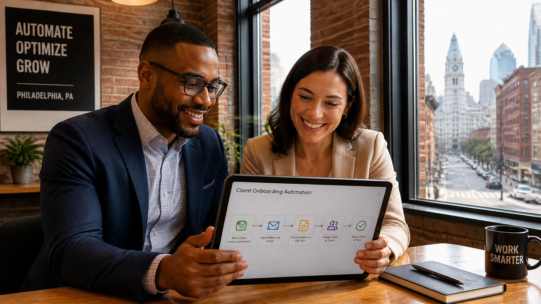 A professional team in a modern Philadelphia office looking relieved while viewing a streamlined automation workflow on a tablet