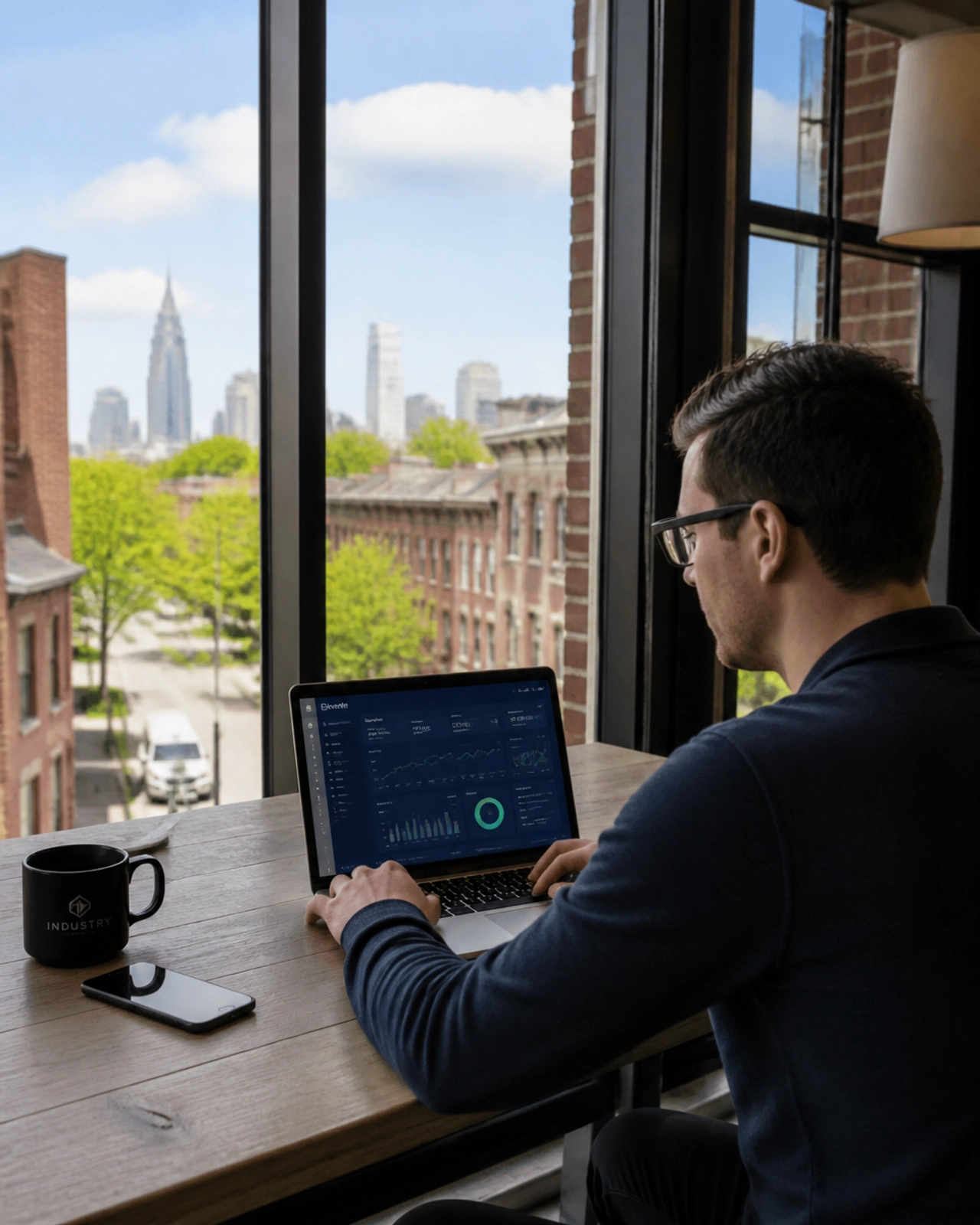 Philadelphia business owner looking at a high-tech website dashboard